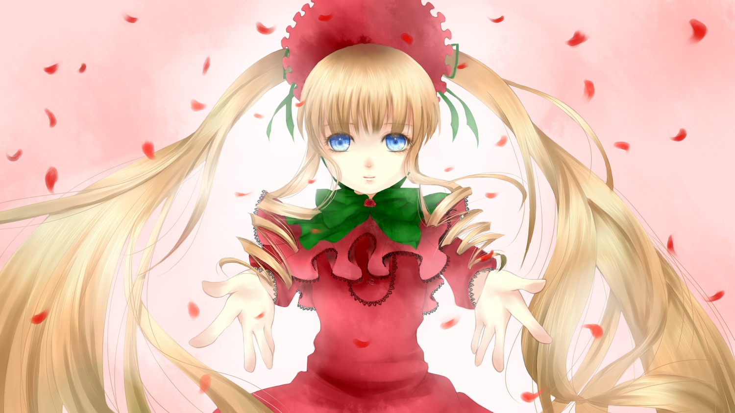 1girl blonde_hair blue_eyes bonnet bow bowtie dress flower green_bow image long_hair long_sleeves looking_at_viewer outstretched_hand petals red_dress rose_petals shinku solo twintails very_long_hair