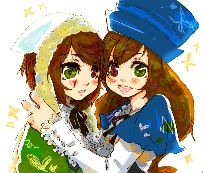 2girls blue_dress blush brown_hair bug butterfly dress green_eyes hat head_scarf heterochromia image insect long_hair long_sleeves looking_at_viewer multiple_girls open_mouth pair red_eyes short_hair siblings simple_background sisters smile souseiseki suiseiseki twins white_background