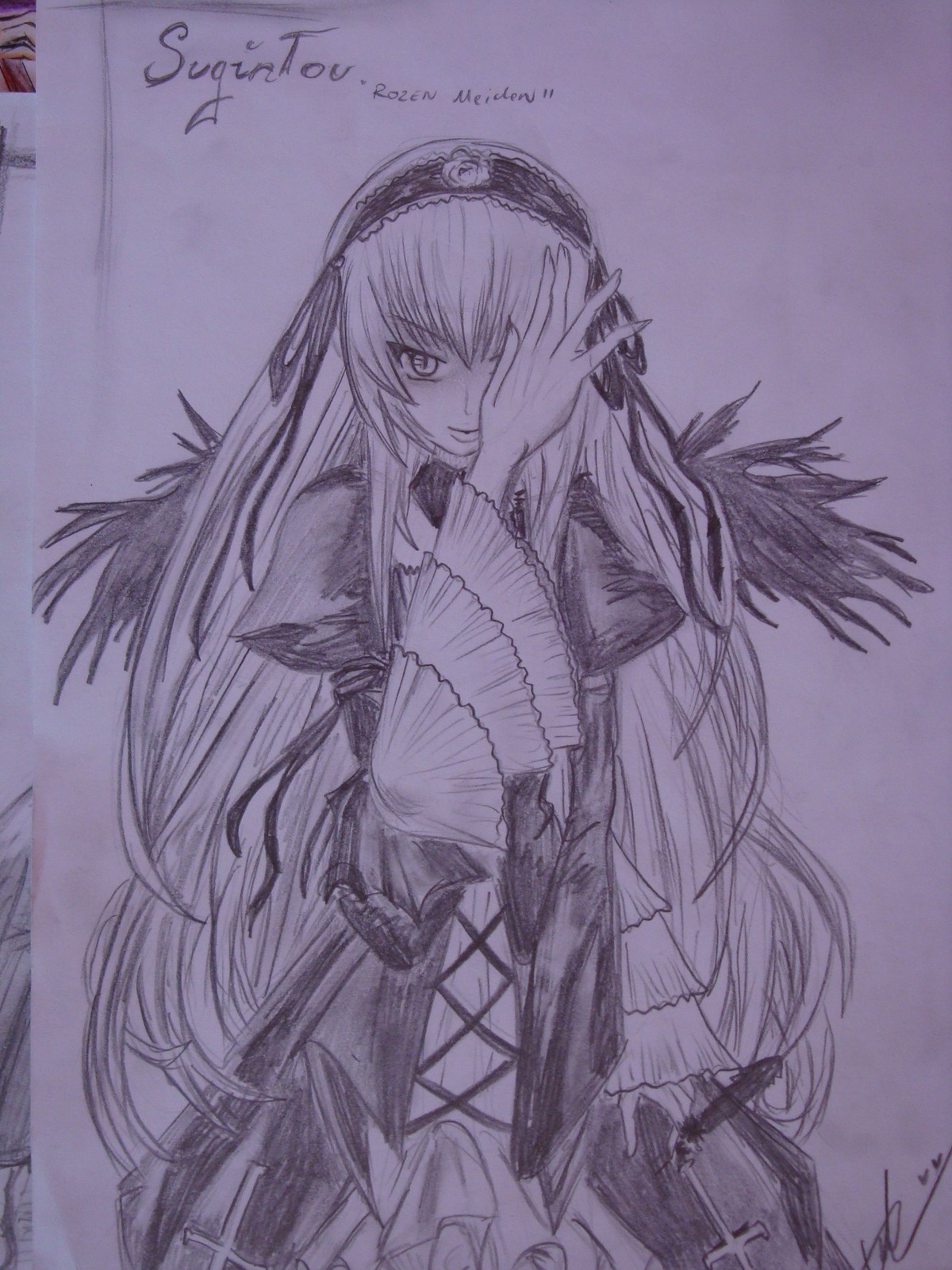 1girl dress frills hairband image long_hair long_sleeves looking_at_viewer monochrome signature smile solo suigintou traditional_media very_long_hair wings