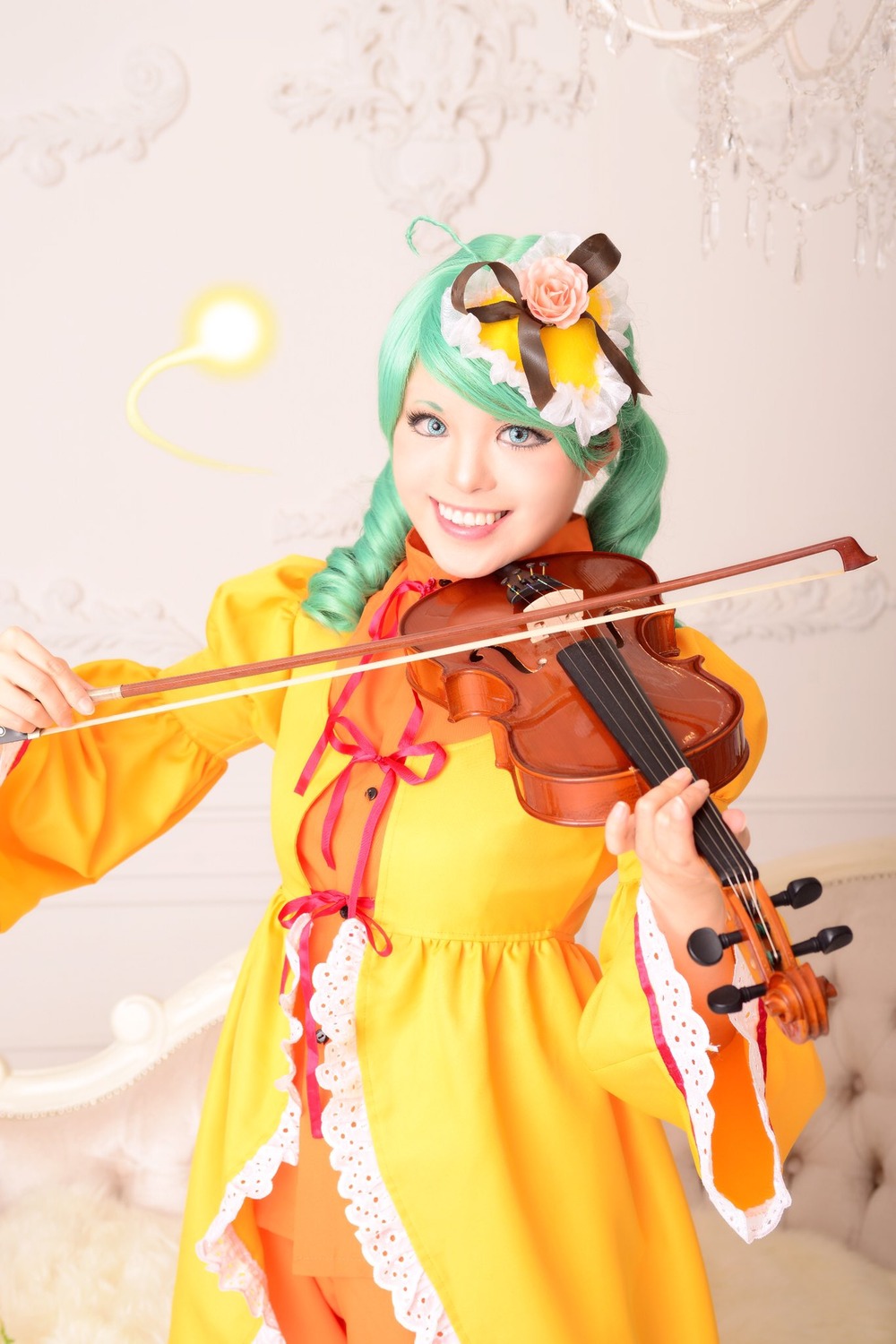 1girl beamed_eighth_notes bow_(instrument) braid dress eighth_note flower green_hair guitar hat holding_instrument instrument kanaria music musical_note playing_instrument plectrum quarter_note ribbon smile solo violin yellow_dress