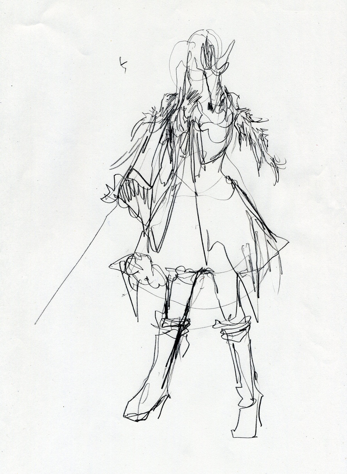 1boy boots braid full_body greyscale image knee_boots long_hair monochrome sketch solo standing suigintou traditional_media