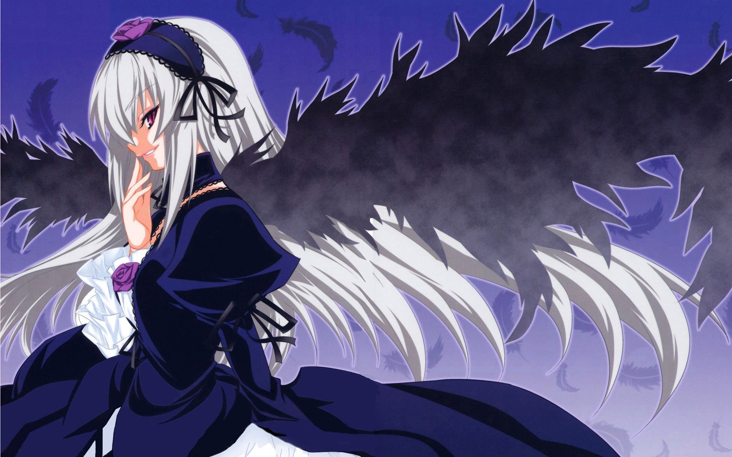 1girl auto_tagged black_wings dress feathers flower frills hairband image juliet_sleeves long_hair long_sleeves looking_at_viewer pink_eyes possible_duplicate puffy_sleeves purple_flower rose silver_hair solo suigintou very_long_hair wings