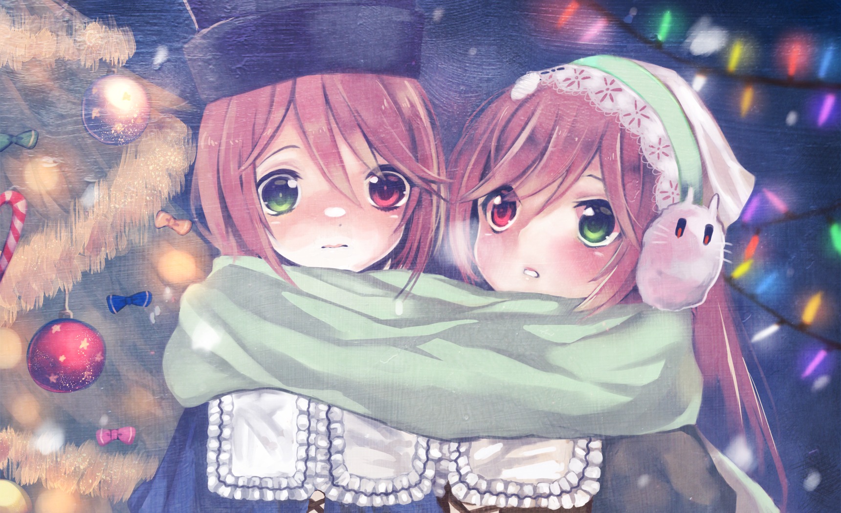 2girls blush green_eyes heterochromia image multiple_girls pair red_eyes scarf short_hair siblings sisters snowing souseiseki suiseiseki twins