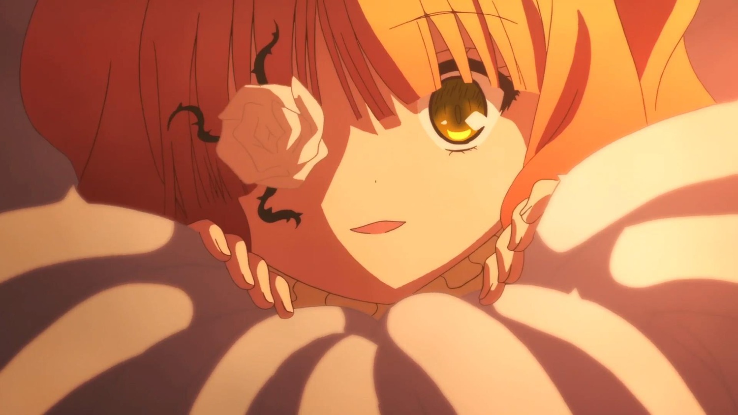 1girl blurry depth_of_field flower image kirakishou looking_at_viewer rose smile solo under_covers yellow_eyes