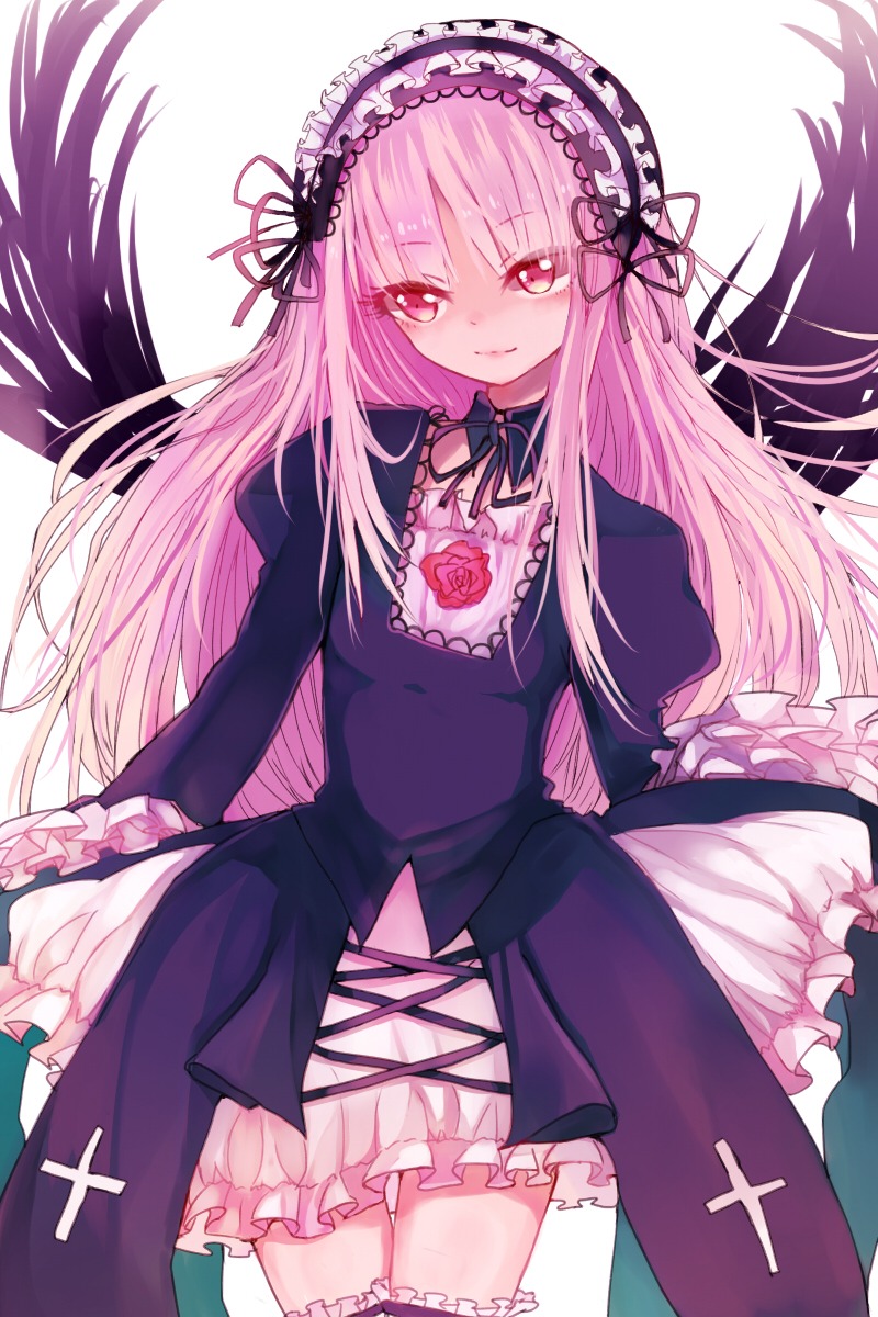 1girl black_dress black_wings closed_mouth dress frills hairband image lolita_fashion lolita_hairband long_hair long_sleeves looking_at_viewer pink_eyes pink_hair ribbon smile solo suigintou very_long_hair white_background wings