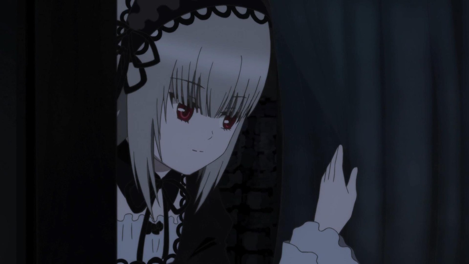 1girl bangs closed_mouth curtains dress eyebrows_visible_through_hair hairband image long_hair long_sleeves looking_at_viewer red_eyes ribbon silver_hair smile solo suigintou