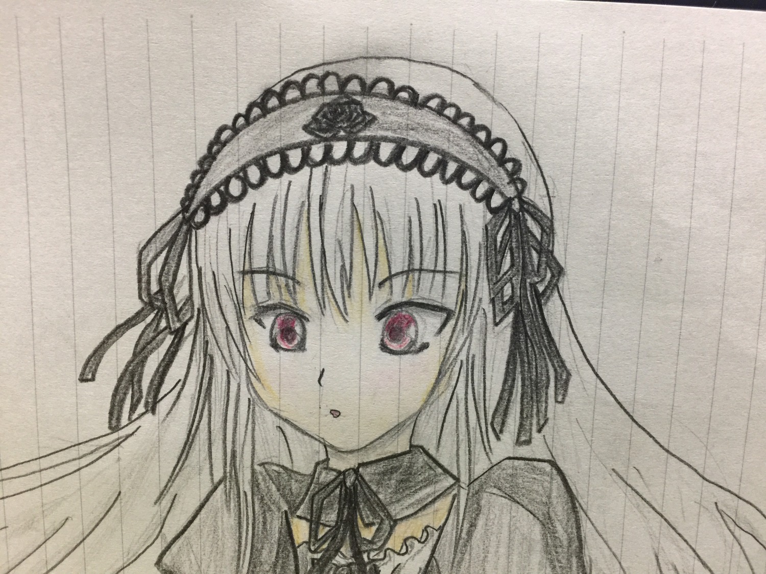 1girl :o bangs black_ribbon dress eyebrows_visible_through_hair flower frills hairband image long_hair looking_at_viewer open_mouth ribbon simple_background solo suigintou