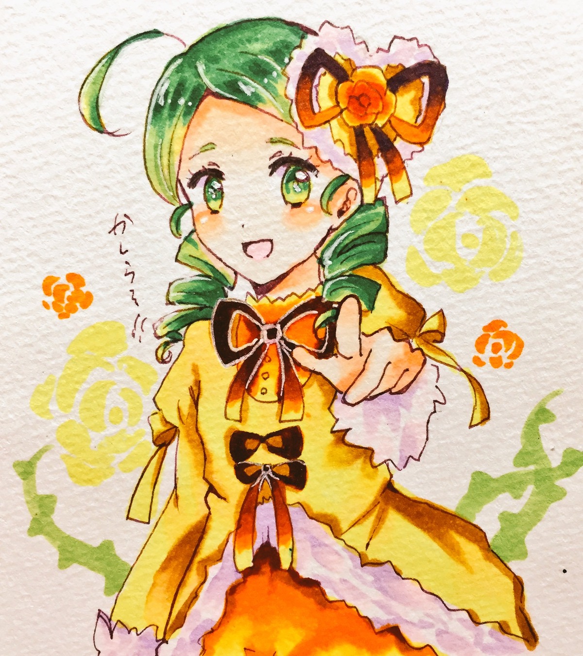 1girl ahoge bow dress drill_hair flower green_eyes green_hair image kanaria long_sleeves open_mouth rose smile solo traditional_media twin_drills
