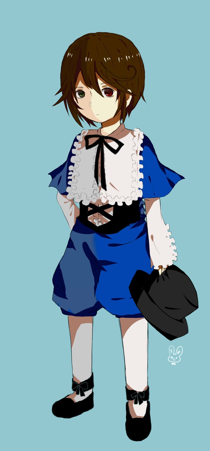 1boy brown_hair capelet full_body green_eyes heterochromia image looking_at_viewer red_eyes ribbon short_hair shorts simple_background solo souseiseki standing