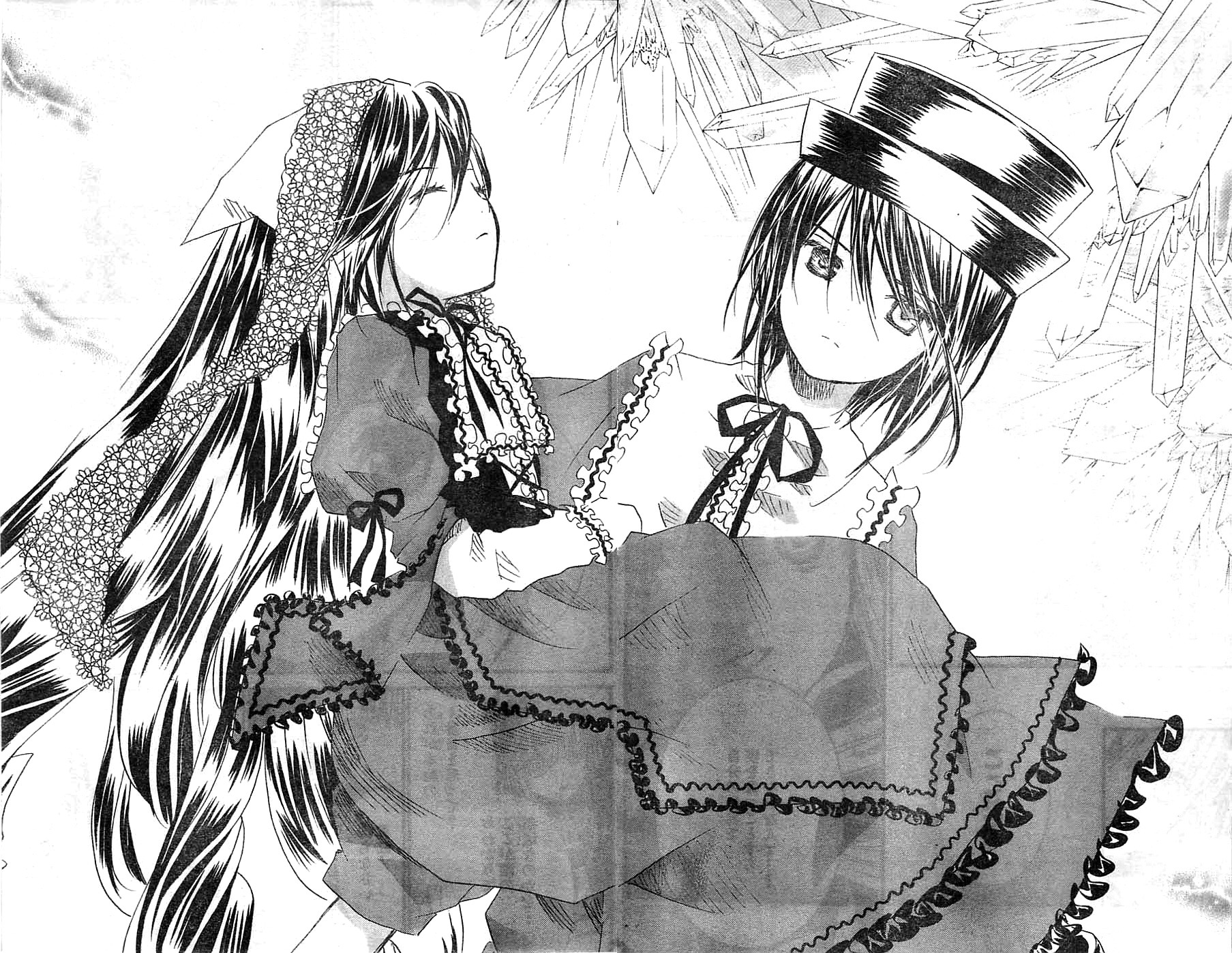 2girls bow closed_eyes dress frills greyscale hat image long_hair monochrome multiple_girls pair ribbon short_hair souseiseki suiseiseki very_long_hair