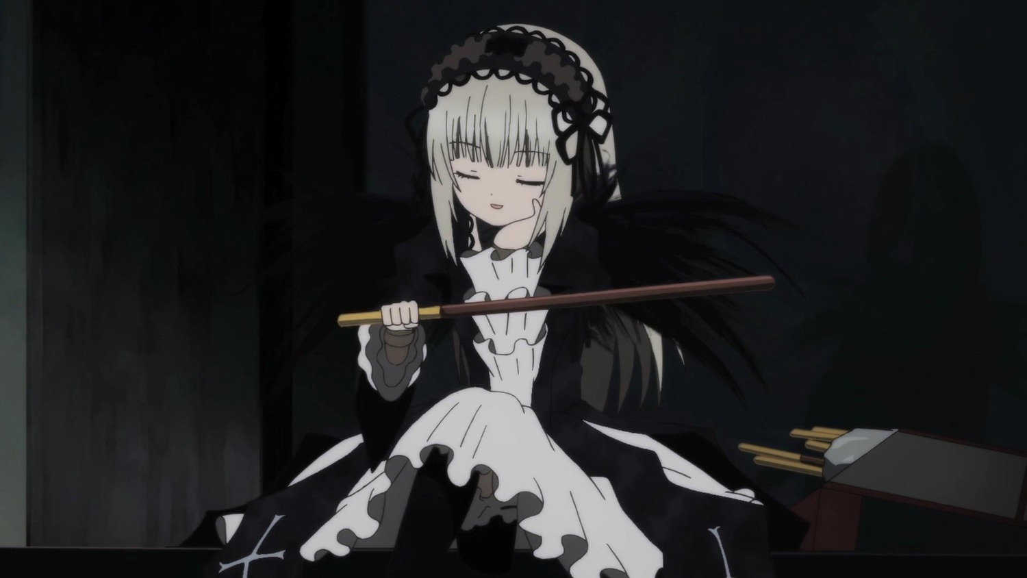 1girl bangs black_background black_dress black_hairband closed_eyes dress eyebrows_visible_through_hair frilled_hairband frills hairband holding holding_weapon image long_hair long_sleeves silver_hair sitting solo suigintou very_long_hair weapon