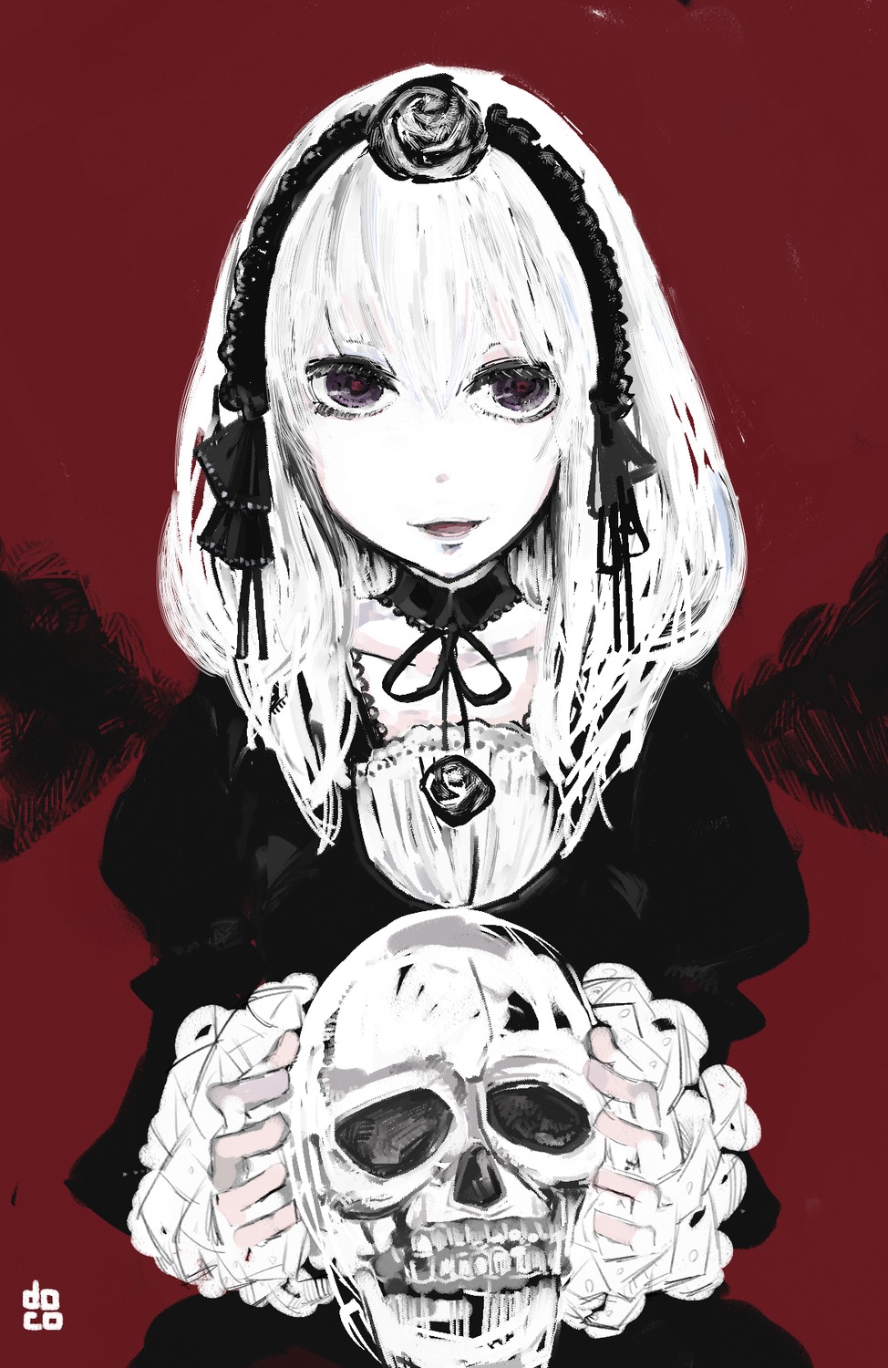 1girl black_ribbon dress flower frills gothic_lolita image long_sleeves looking_at_viewer red_background ribbon rose simple_background skull solo suigintou upper_body wings