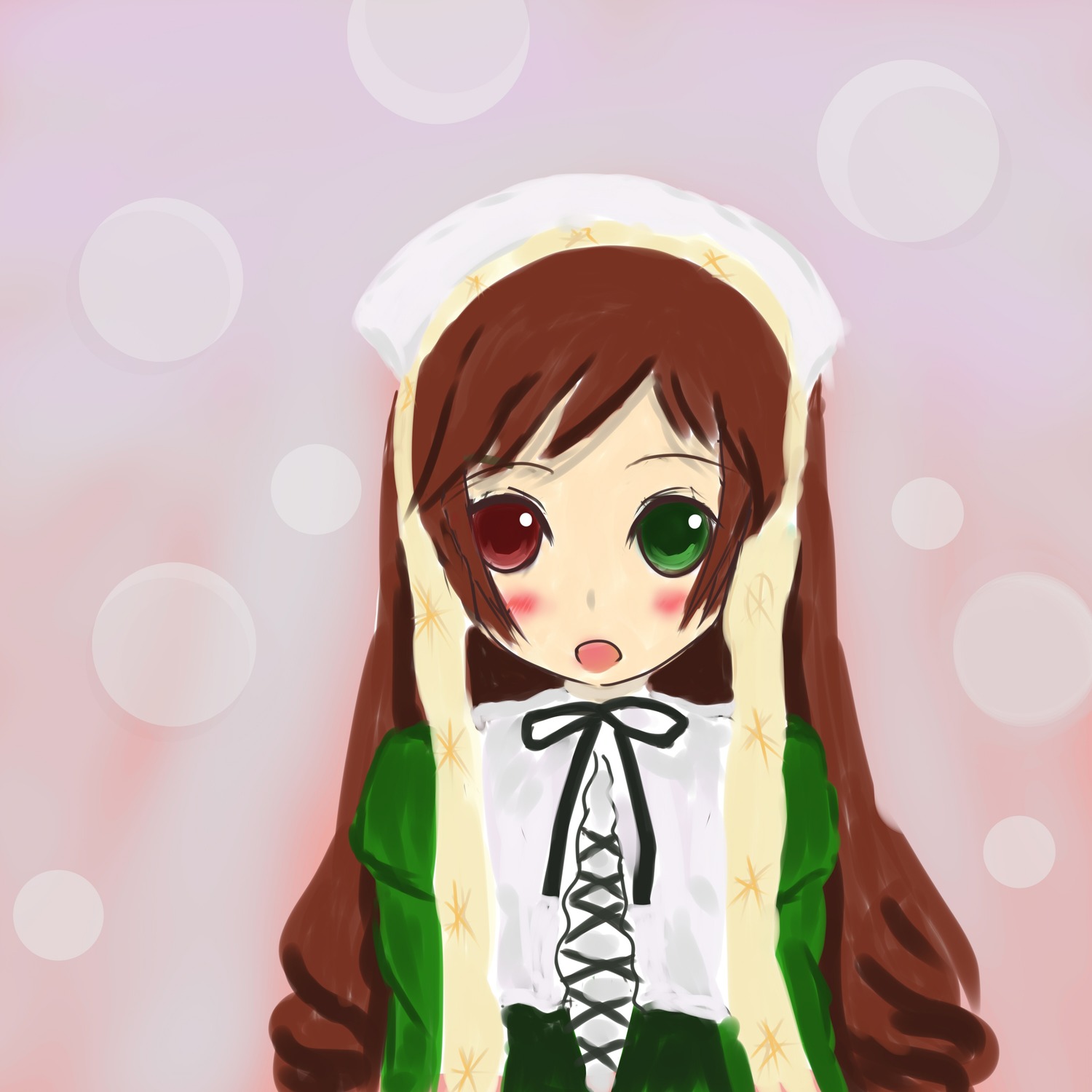 1girl :o auto_tagged bangs blush brown_hair dress green_dress green_eyes head_scarf heterochromia image long_hair long_sleeves looking_at_viewer open_mouth red_eyes solo suiseiseki upper_body very_long_hair