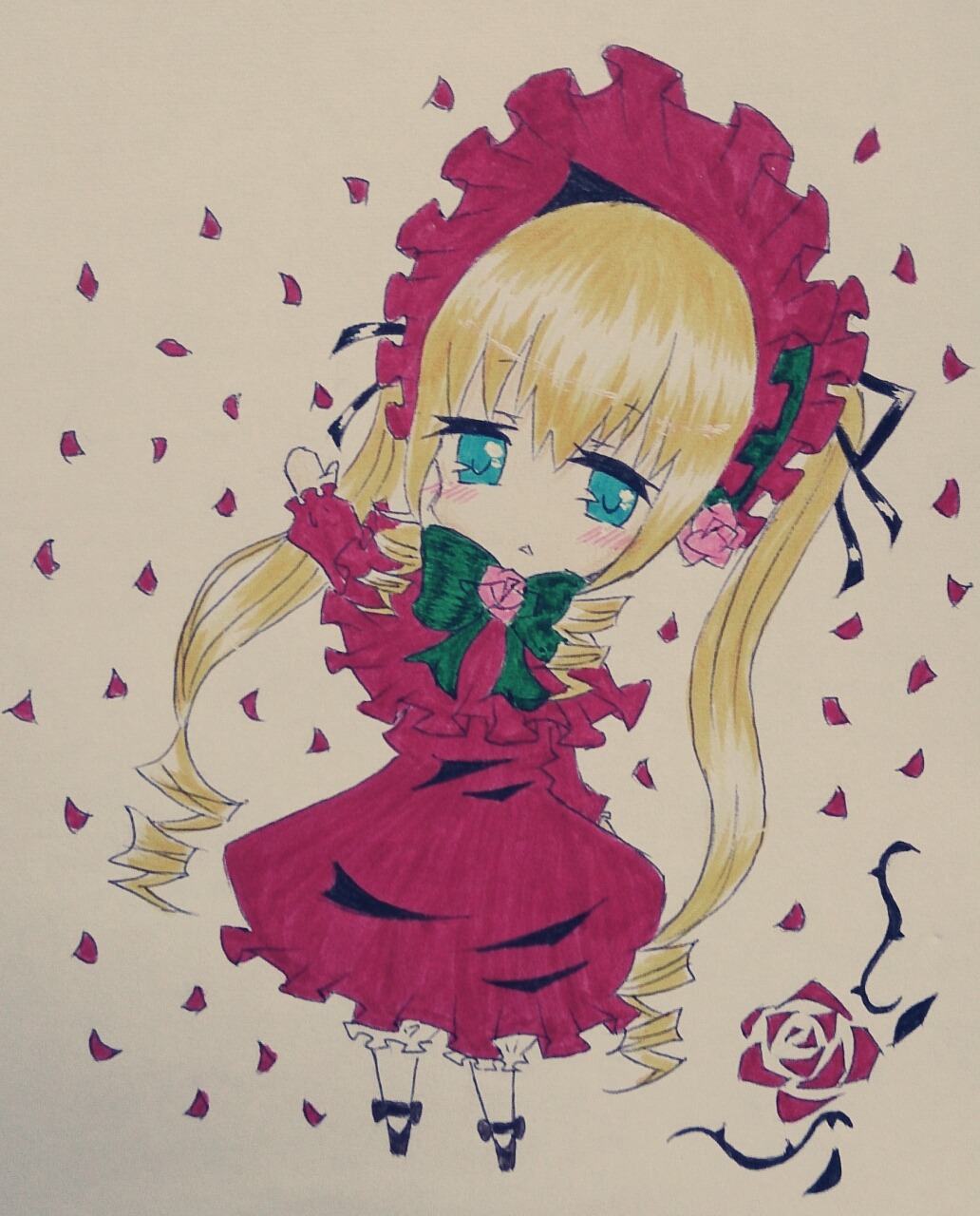 1girl blonde_hair blue_eyes blush bow bowtie dress drill_hair flower image long_hair looking_at_viewer petals rose rose_petals shinku solo traditional_media twintails