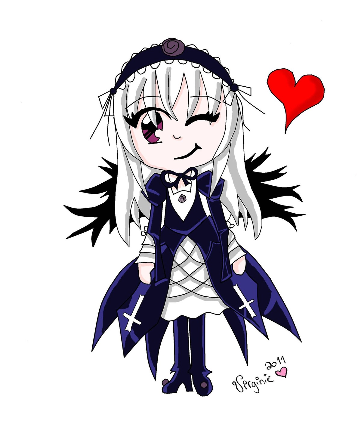 1girl auto_tagged bandages black_wings boots chibi dress flower full_body hairband heart image long_hair long_sleeves looking_at_viewer one_eye_closed rose silver_hair solo standing suigintou white_background wings