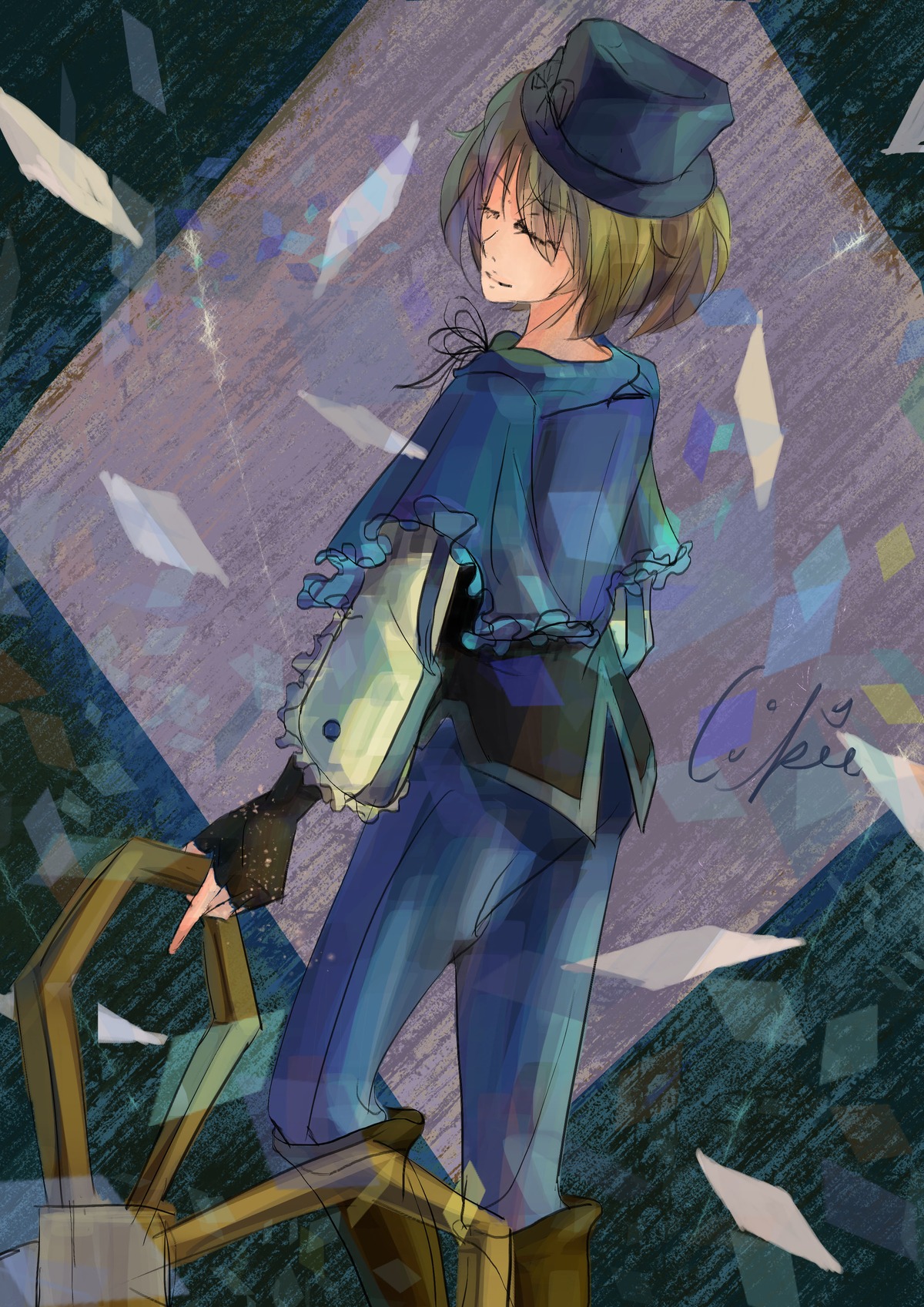 1girl capelet closed_eyes gloves hat image long_sleeves pants paper short_hair solo souseiseki standing