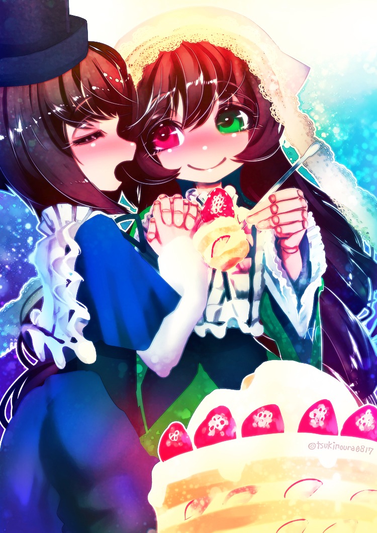 2girls blush brown_hair cake dress food fork fruit green_dress green_eyes hat image long_hair multiple_girls pair red_eyes short_hair siblings sisters smile souseiseki strawberry suiseiseki yuri