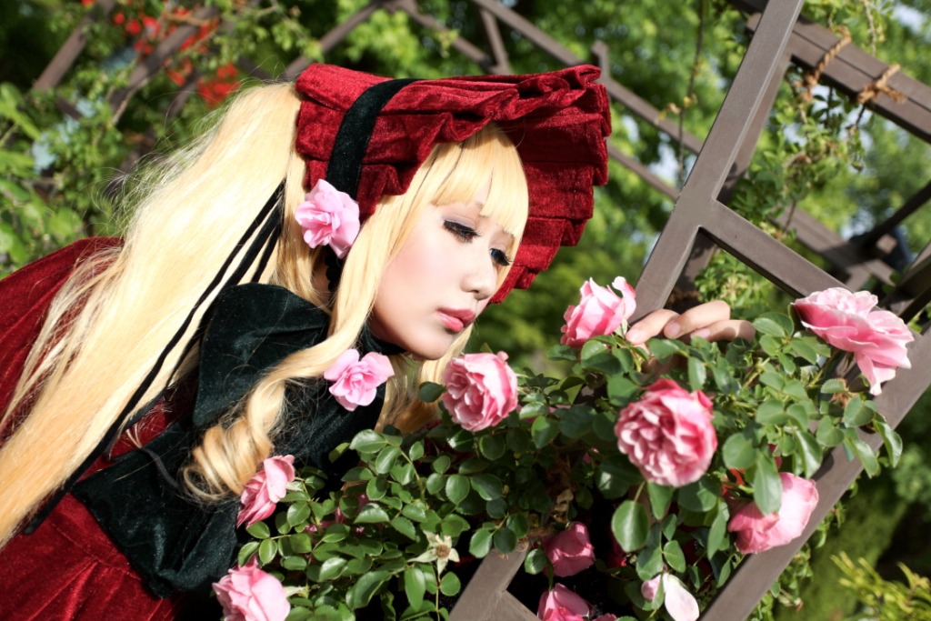 1girl bangs blonde_hair bonnet day dress flower lips long_hair pink_flower pink_rose red_dress rose shinku solo