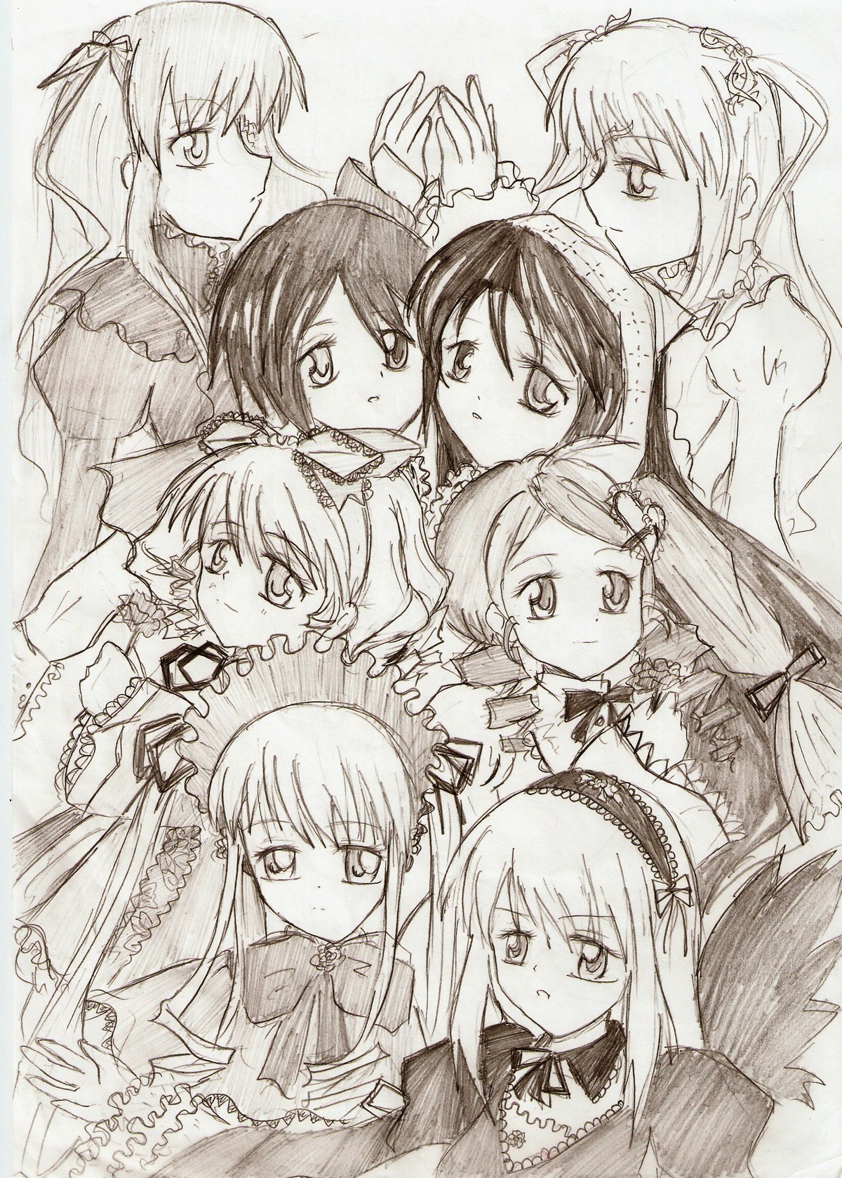 6+girls blush bonnet bow dress frills hairband hat hina_ichigo image kanaria long_hair long_sleeves looking_at_viewer monochrome multiple multiple_girls shinku short_hair siblings sisters smile souseiseki suigintou suiseiseki tagme top_hat twins twintails very_long_hair wings