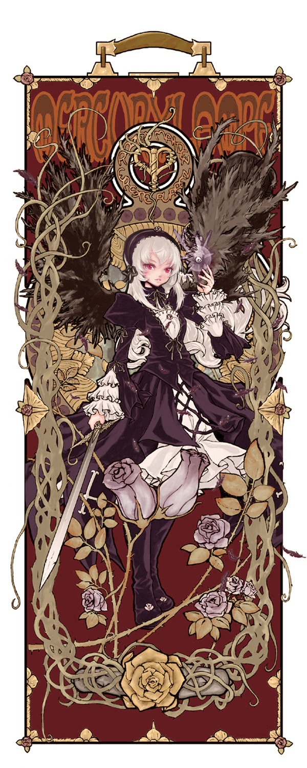 1boy 1girl art_nouveau commentary_request dress feathers flower frills fujinozu hairband highres image long_hair md5_mismatch plant red_eyes revision rose rozen_maiden silver_hair solo suigintou sword vines weapon white_hair wings
