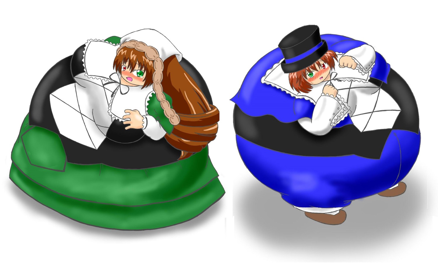 blush braid brown_hair dress green_eyes hat image in_container long_hair multiple_girls pair short_hair siblings sisters souseiseki suiseiseki top_hat twins