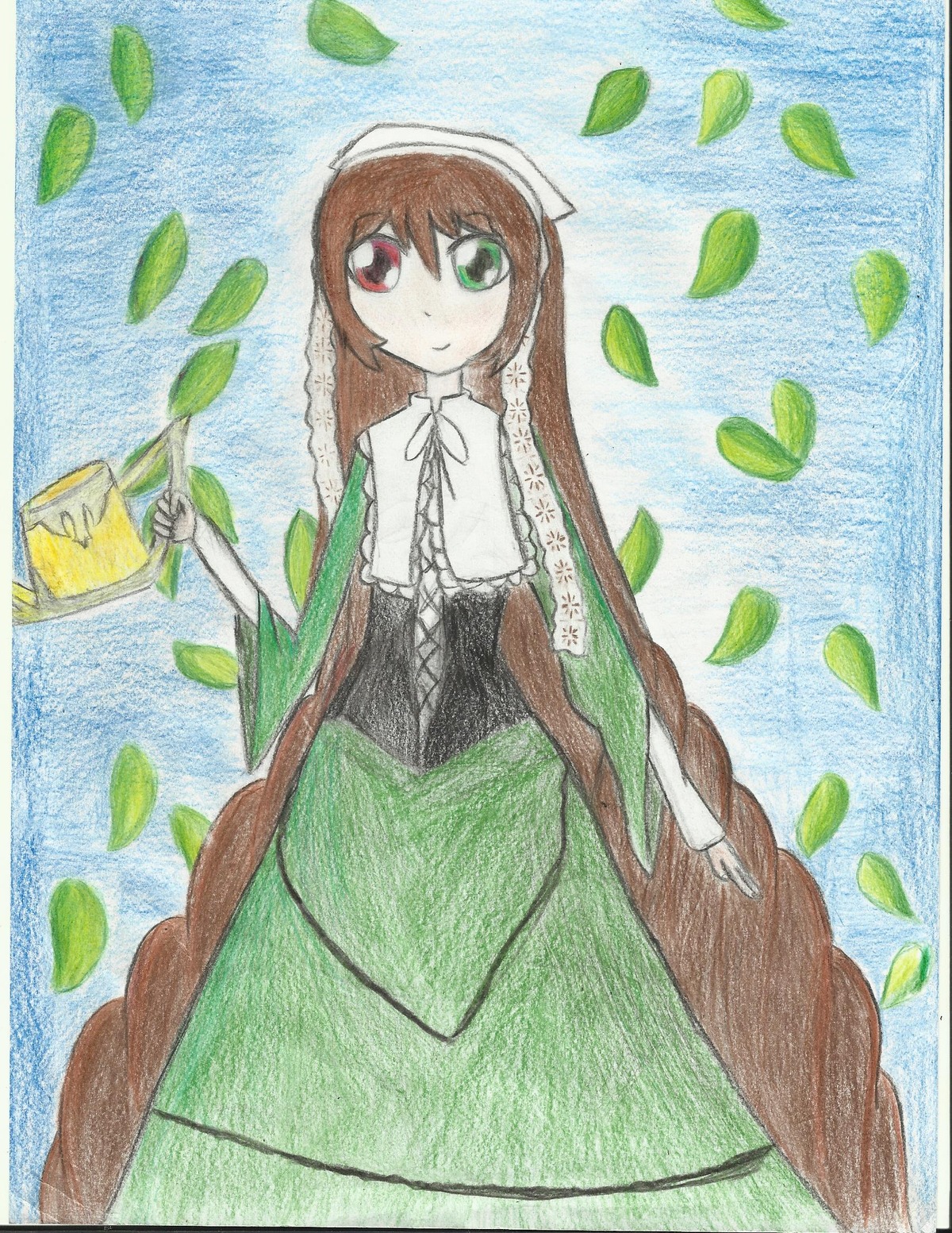 1girl brown_hair colored_pencil_(medium) dress green_dress green_eyes head_scarf heterochromia image leaf long_hair long_sleeves looking_at_viewer monster_girl red_eyes smile solo suiseiseki traditional_media very_long_hair watercolor_(medium) watering_can