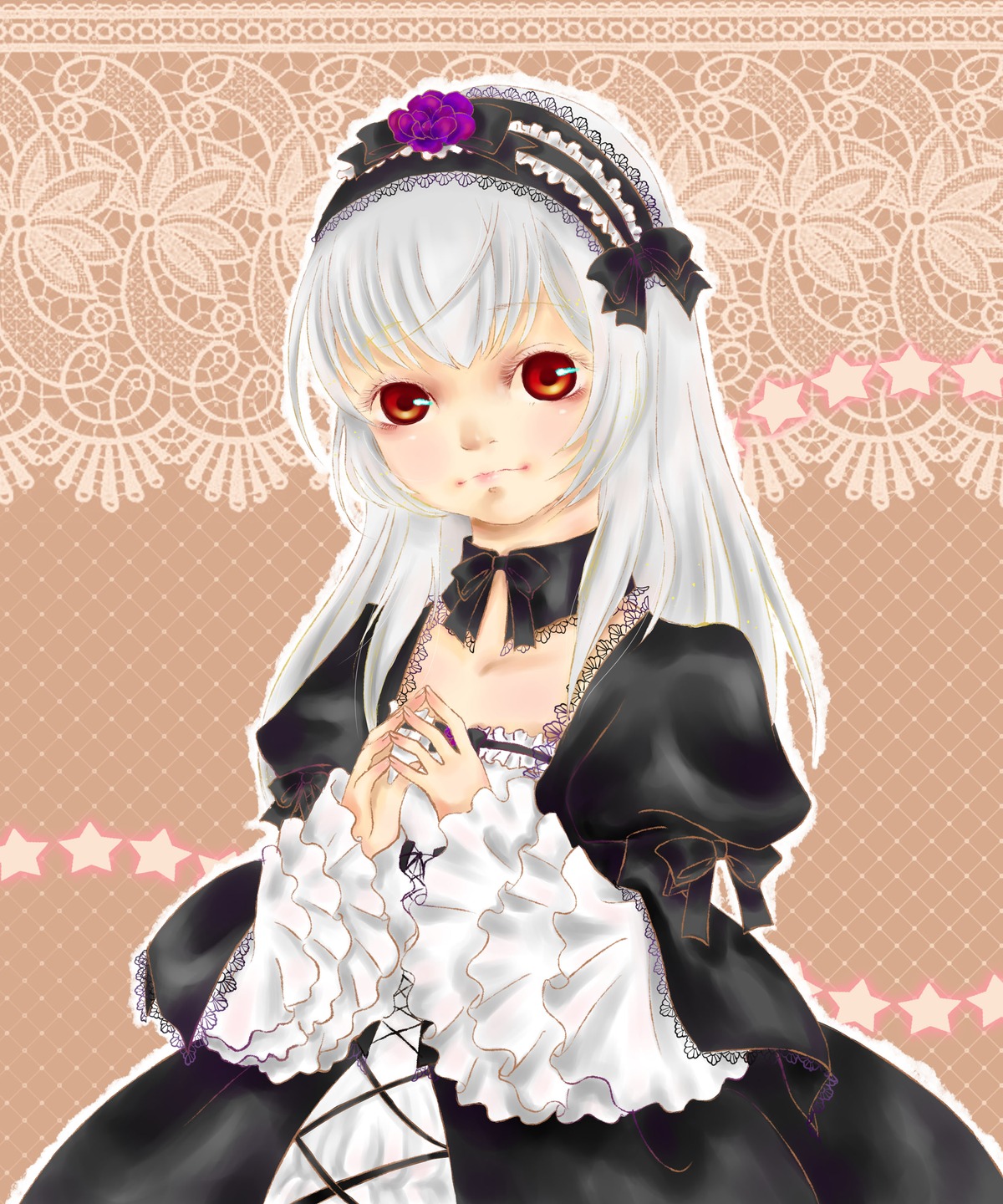 1girl detached_collar dress flower frilled_sleeves frills gothic_lolita hairband image lolita_fashion lolita_hairband long_hair long_sleeves looking_at_viewer red_eyes rose silver_hair solo star_(symbol) suigintou white_hair
