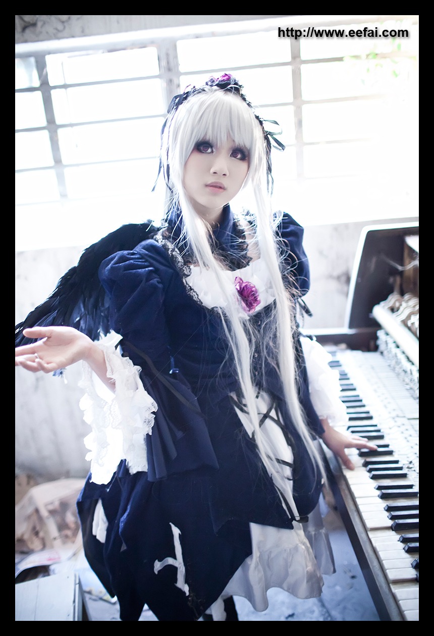 1girl 3d black_border blurry depth_of_field dress guitar instrument letterboxed lips pillarboxed playing_instrument purple_eyes silver_hair solo suigintou tiara white_hair