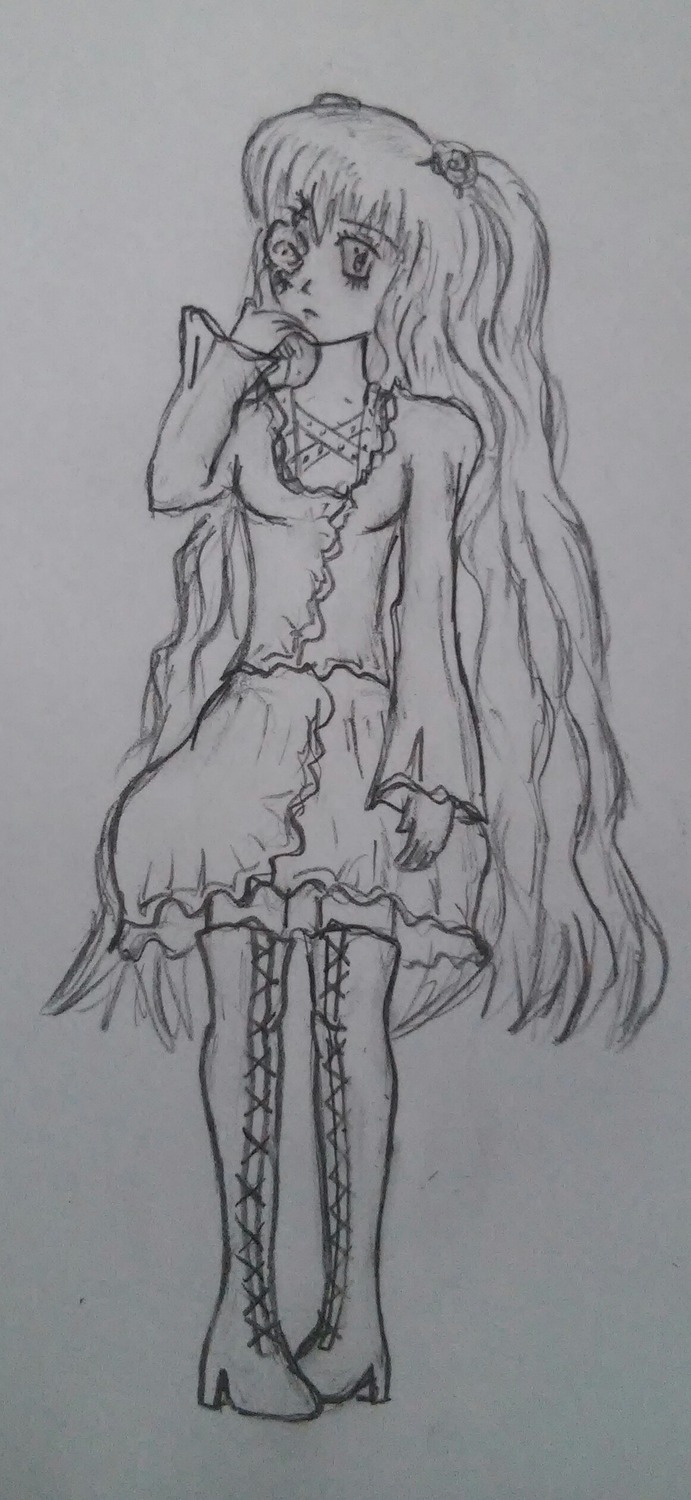 1girl boots cross-laced_footwear dress frills full_body greyscale hair_ornament image kirakishou knee_boots long_hair monochrome sketch solo standing thigh_boots thighhighs traditional_media very_long_hair zettai_ryouiki