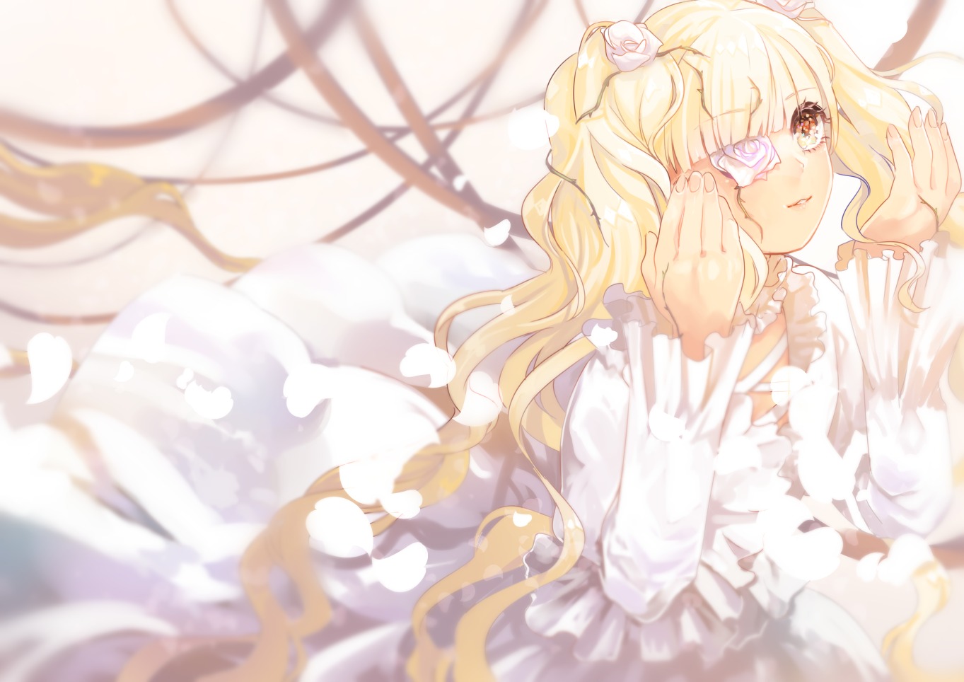 1girl bangs blonde_hair blurry blurry_background blurry_foreground blush closed_mouth depth_of_field dress eyepatch feathered_wings flower frills hair_flower hair_ornament image kirakishou long_hair long_sleeves looking_at_viewer medical_eyepatch one_eye_covered rose solo two_side_up very_long_hair white_dress white_flower white_rose wings