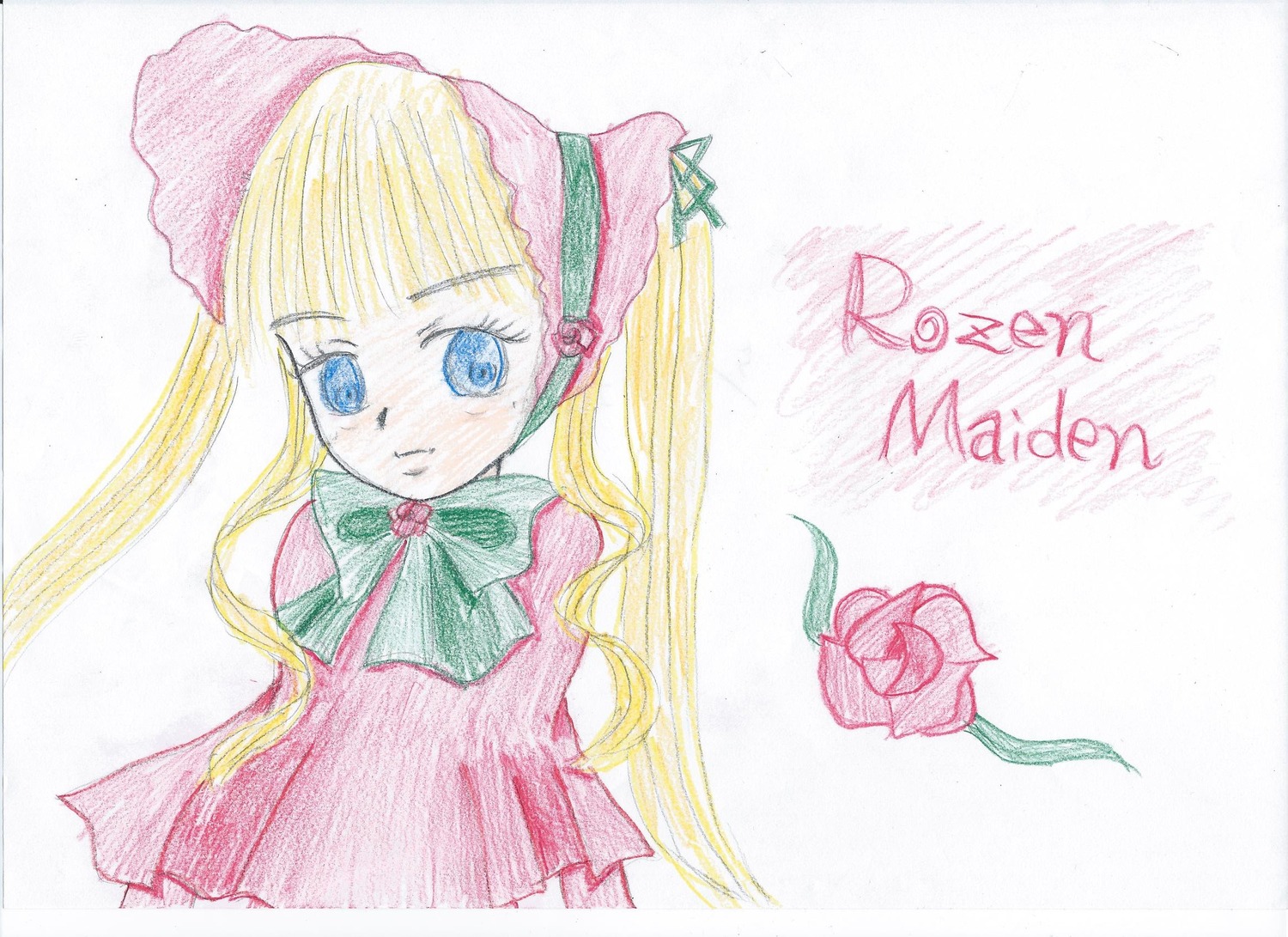 1girl blonde_hair blue_eyes bonnet bow bowtie dress flower green_bow image long_hair long_sleeves looking_at_viewer rose shinku sidelocks simple_background smile solo traditional_media watercolor_(medium) white_background
