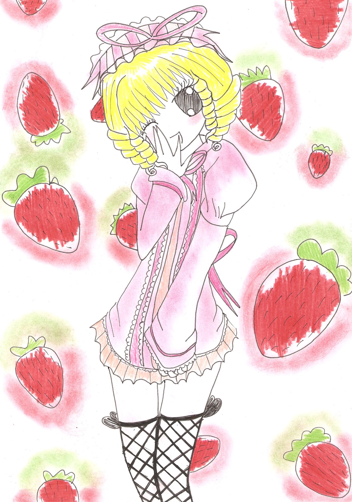 1girl apple blonde_hair cherry drill_hair fishnet_legwear fishnets food fruit grapes hinaichigo image one_eye_closed solo strawberry thighhighs tomato twin_drills watermelon