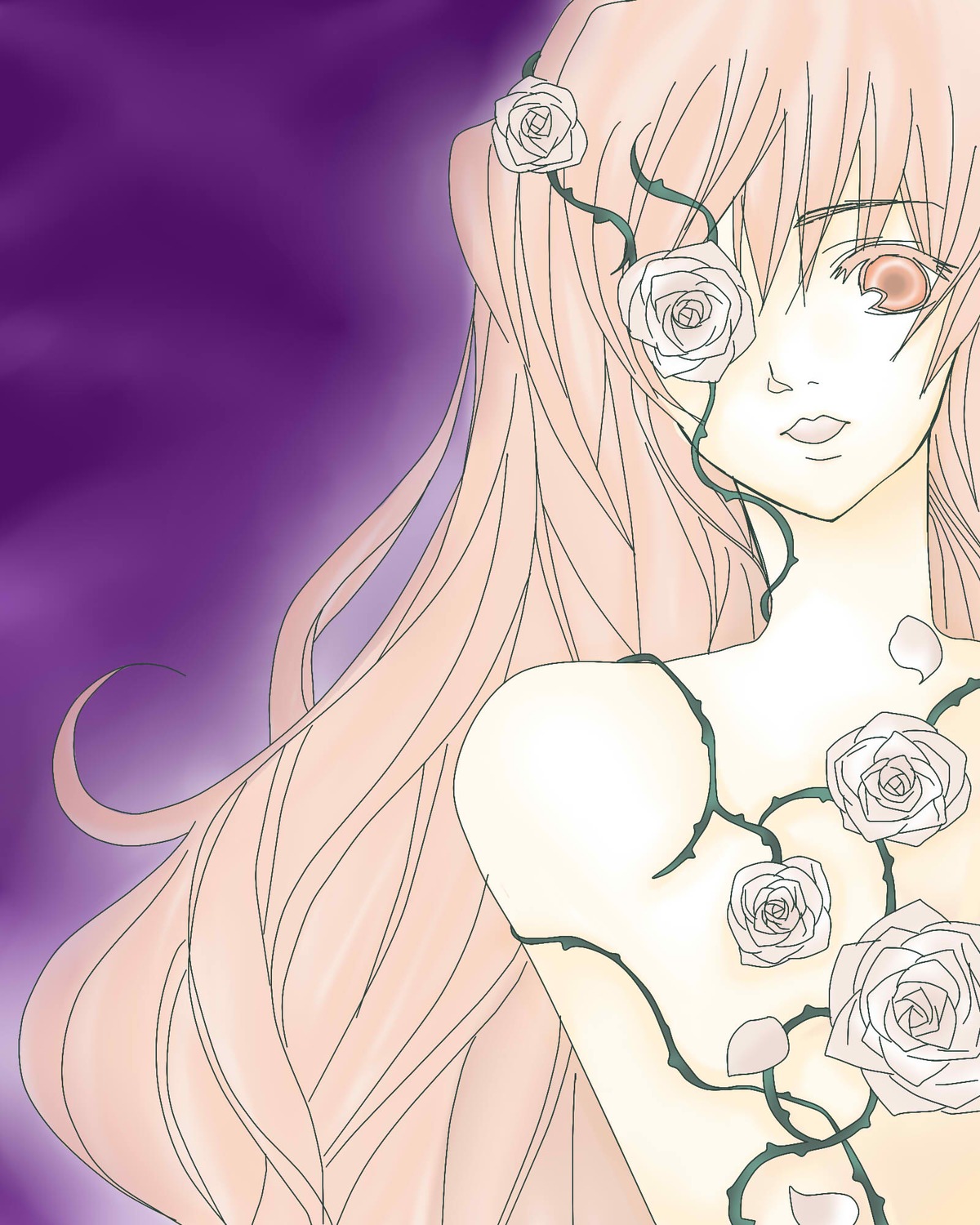 1girl black_flower black_rose flower image kirakishou long_hair pink_eyes pink_flower pink_hair pink_rose purple_rose red_rose rose rose_petals solo thorns vines white_flower white_rose yellow_flower yellow_rose