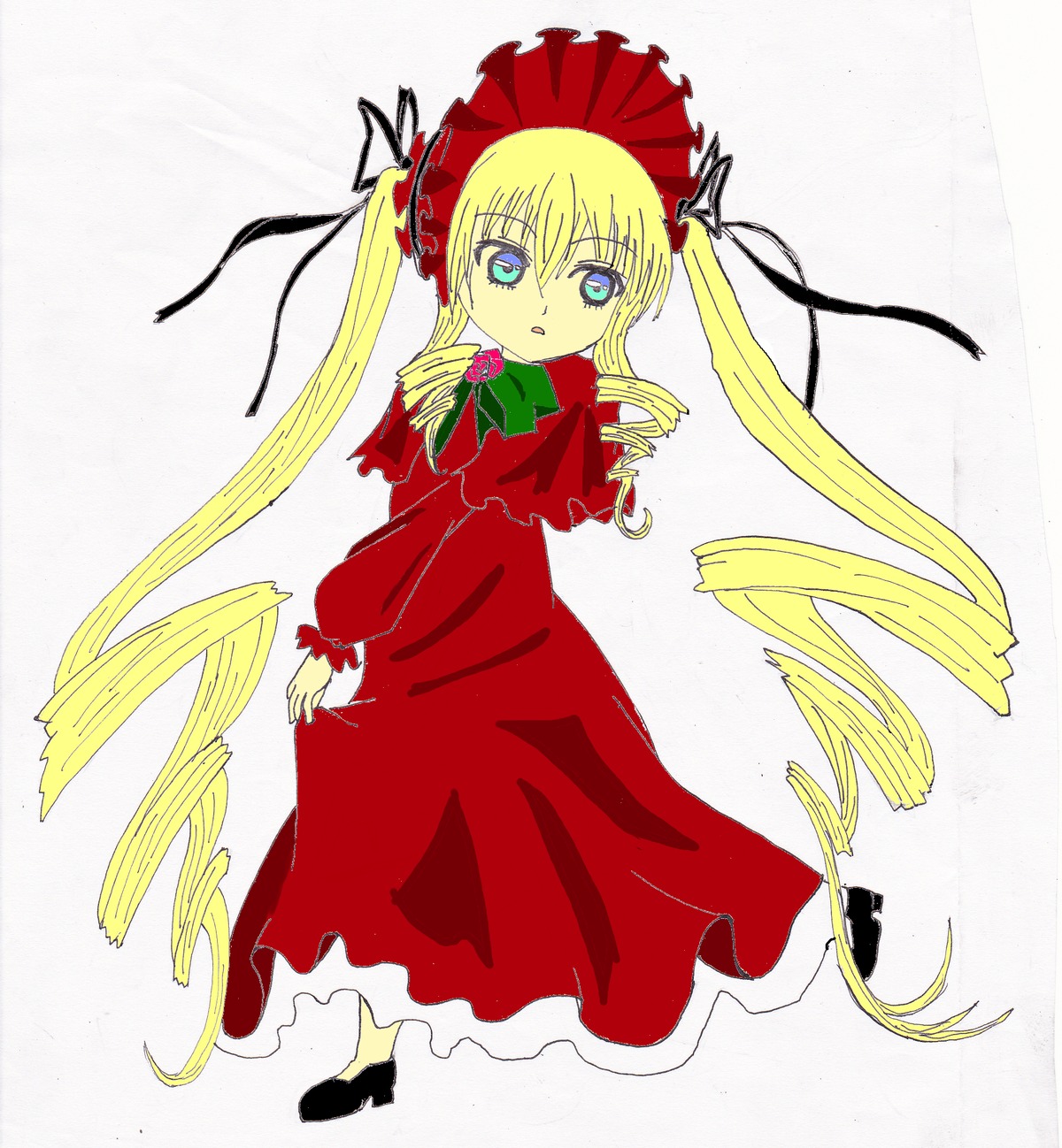 1girl blonde_hair blue_eyes bonnet bow bowtie dress drill_hair full_body image long_hair long_sleeves looking_at_viewer red_dress shinku shoes simple_background solo standing twin_drills twintails very_long_hair white_background