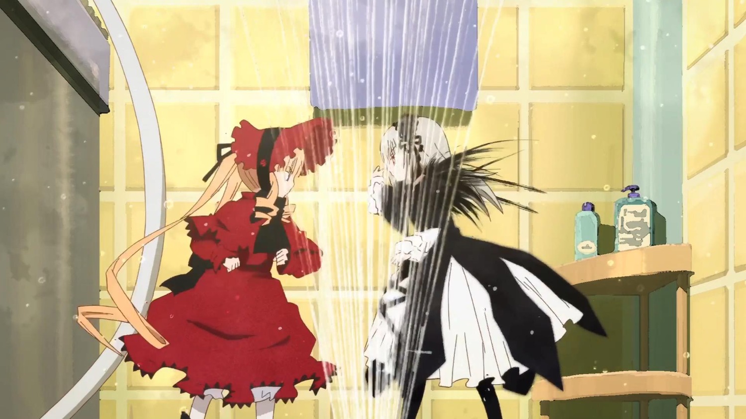 1boy 1girl black_hair curtains dress image indoors long_sleeves pair red_hair shinku standing suigintou torn_clothes weapon window