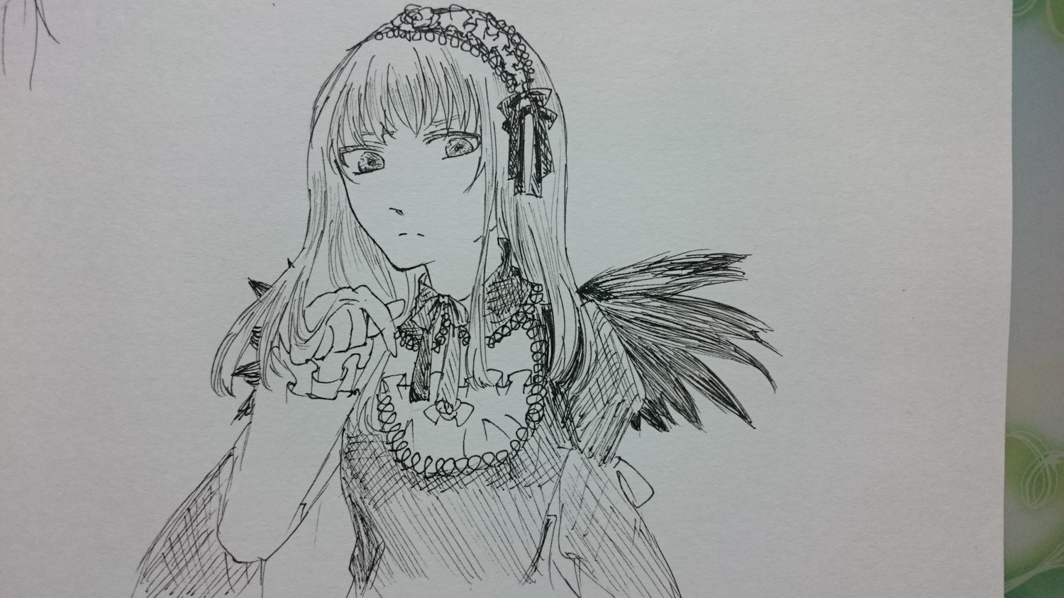 1girl bangs closed_mouth detached_collar dress greyscale hairband image long_hair long_sleeves looking_at_viewer monochrome photo ribbon solo suigintou traditional_media upper_body wings
