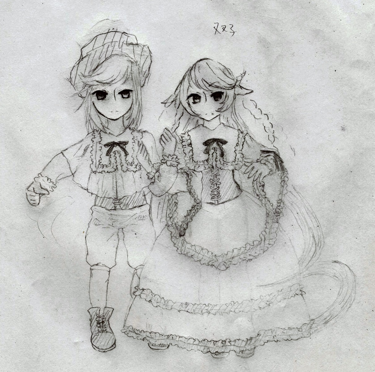 2girls dress frills greyscale hat holding_hands image long_hair long_sleeves looking_at_viewer monochrome multiple_girls pair short_hair siblings sisters souseiseki standing suiseiseki traditional_media twins very_long_hair