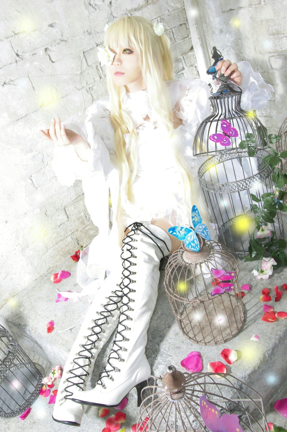 1girl bicycle birdcage blonde_hair blue_butterfly boots bug butterfly cage dress flower ground_vehicle insect kirakishou lips long_hair petals sitting solo