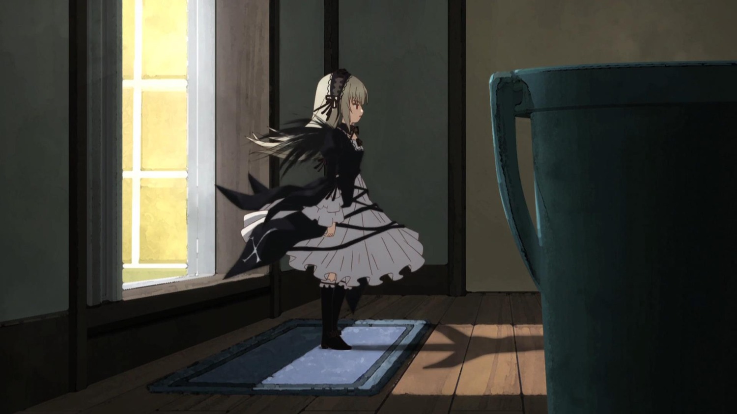 1girl black_ribbon closed_mouth dress frills hairband image indoors long_hair long_sleeves red_eyes ribbon silver_hair solo standing suigintou very_long_hair