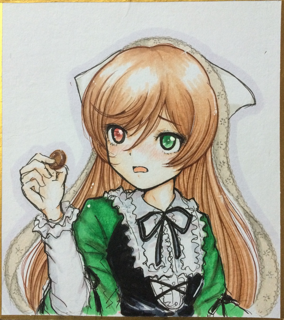 1girl black_ribbon brown_hair chocolate dress food frills green_dress green_eyes head_scarf heart image long_hair long_sleeves looking_at_viewer marker_(medium) neck_ribbon open_mouth photo ribbon shikishi solo suiseiseki traditional_media upper_body very_long_hair watercolor_(medium)