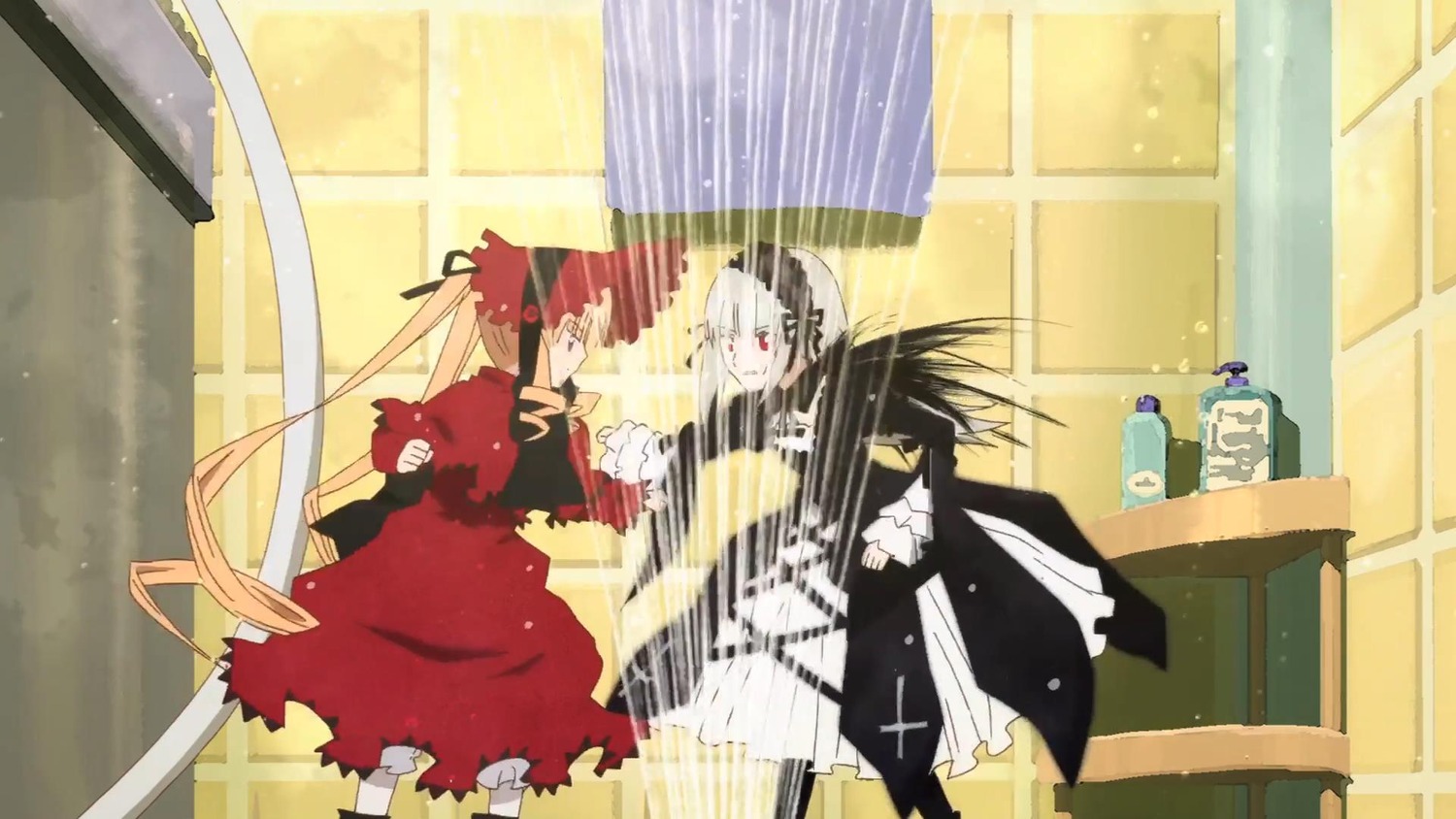 black_hair curtains image japanese_clothes multiple_girls pair red_eyes shinku suigintou sword weapon