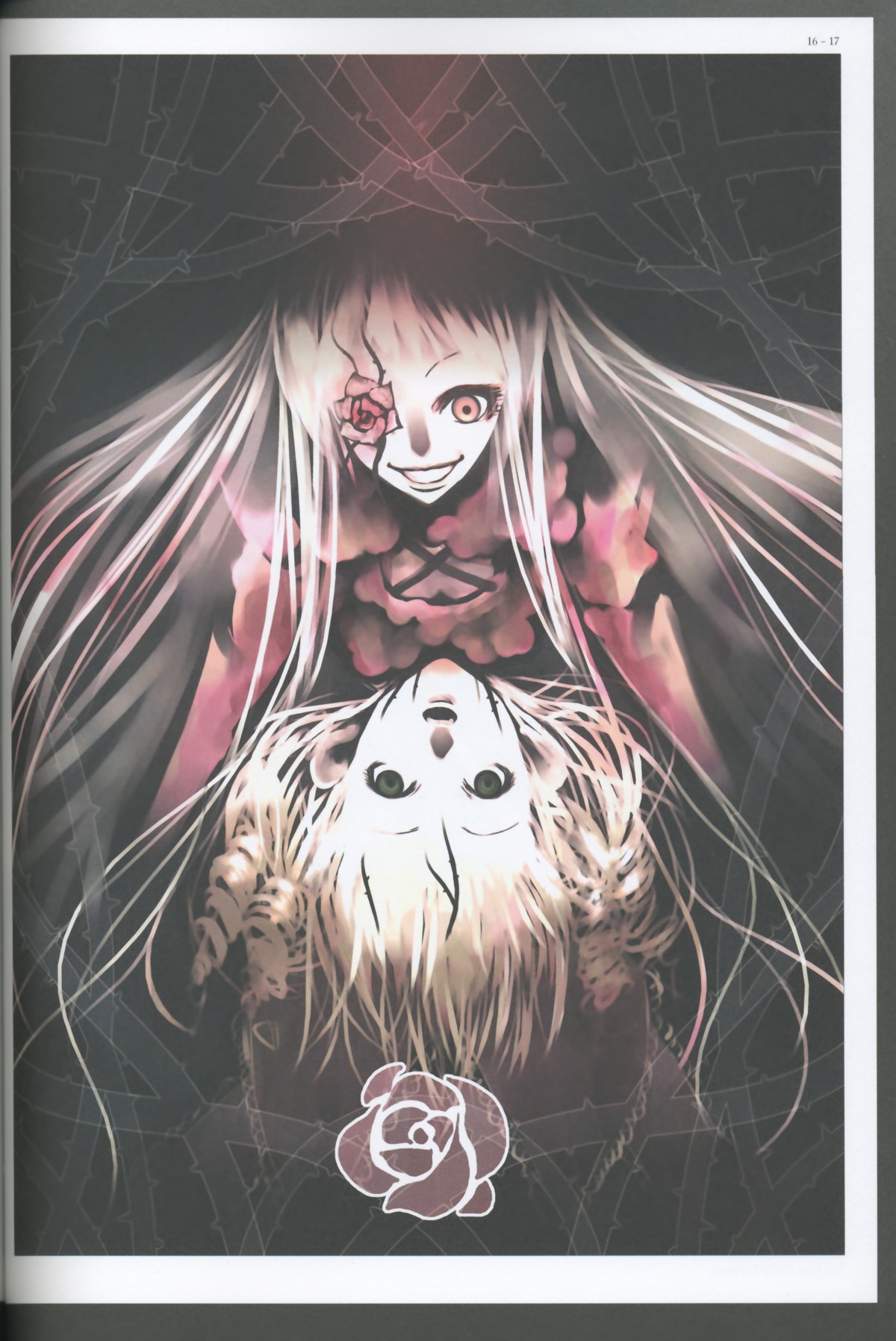 1girl flower grin image kirakishou long_hair looking_at_viewer pair pale_skin red_eyes rose shinku smile solo teeth