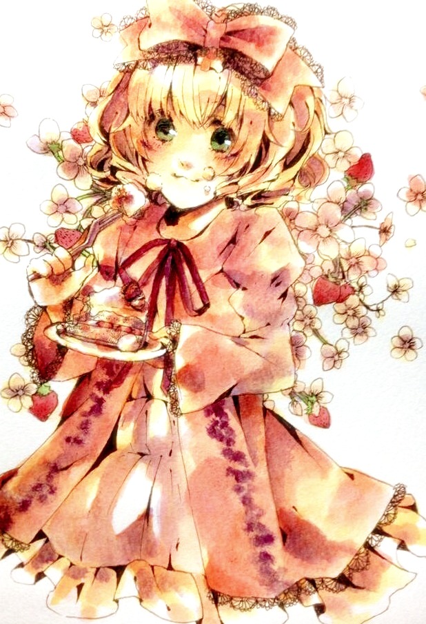 1girl blonde_hair bow dress eating flower food frills green_eyes hair_bow hair_ribbon hinaichigo image long_sleeves puffy_sleeves ribbon short_hair solo traditional_media