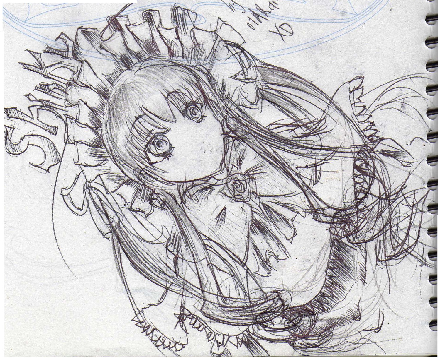 1girl bow dress frills hakurei_reimu image long_hair monochrome photo shikishi shinku sketch solo traditional_media