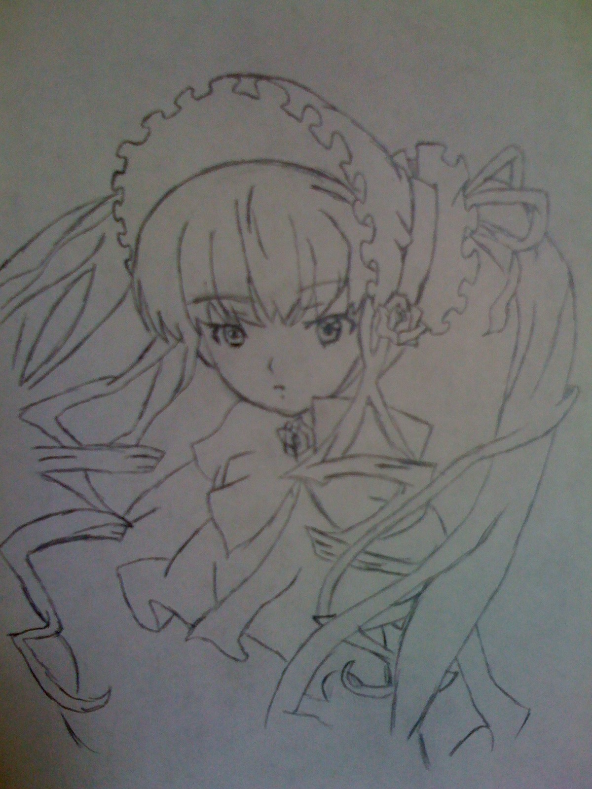 1girl bonnet dress drill_hair expressionless floating_hair frills image long_hair long_sleeves looking_at_viewer monochrome shinku simple_background solo traditional_media twin_drills upper_body
