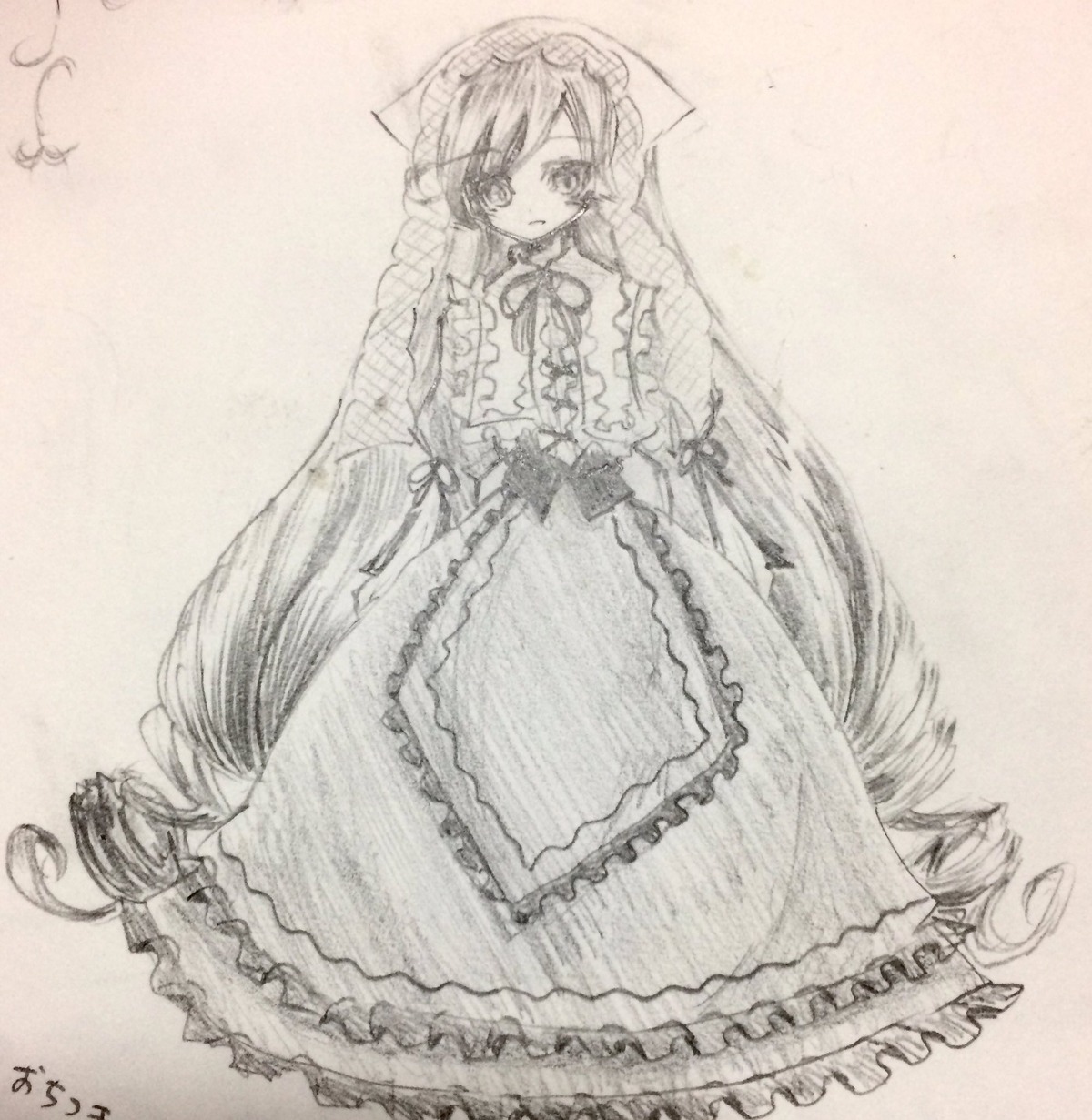 1girl blush dress drill_hair frills full_body image lolita_fashion long_hair long_sleeves monochrome solo suiseiseki traditional_media very_long_hair