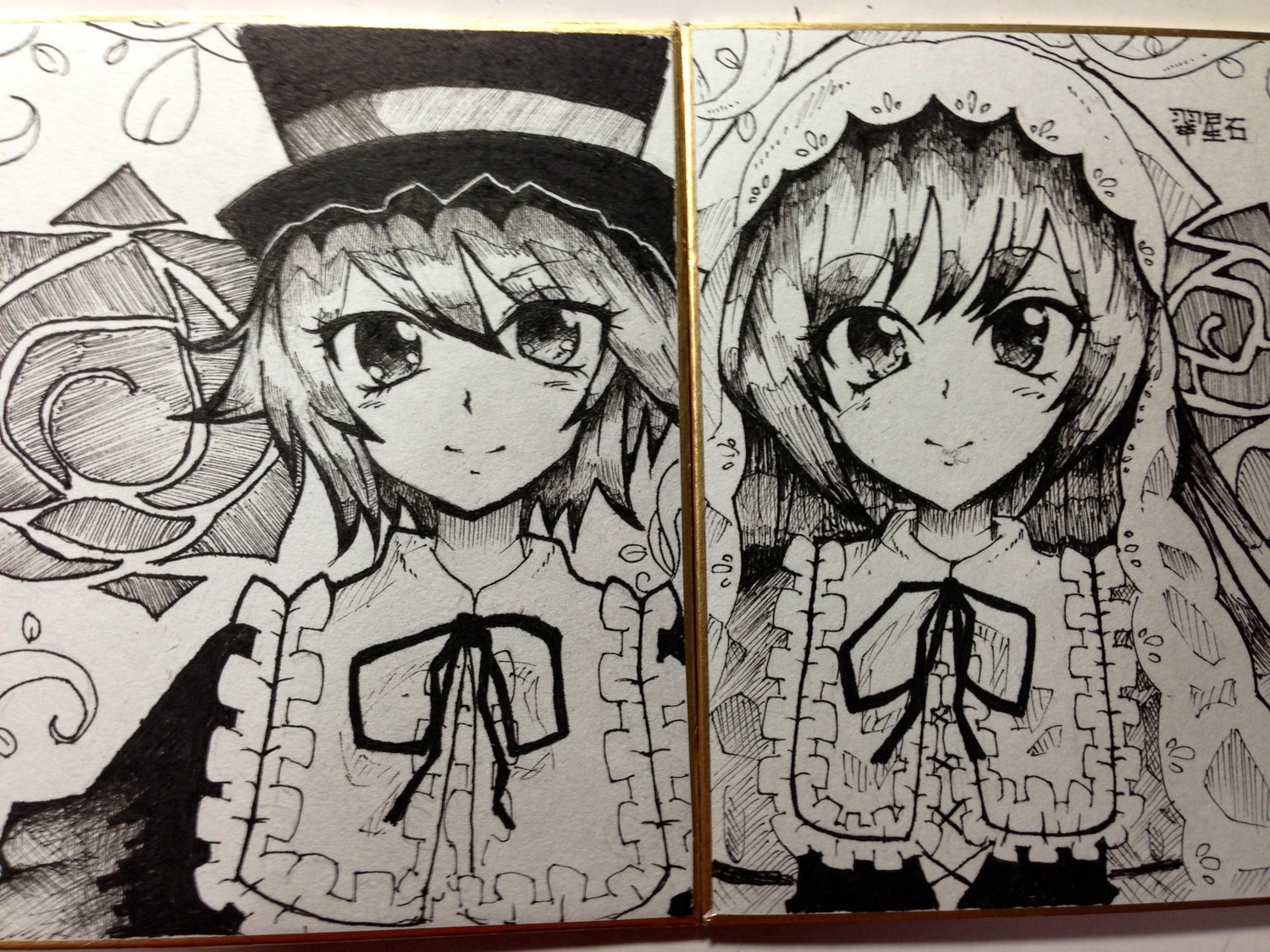 2girls closed_mouth eyebrows_visible_through_hair frills greyscale hat image looking_at_viewer monochrome multiple_girls neck_ribbon pair ribbon short_hair siblings sisters smile souseiseki suiseiseki traditional_media
