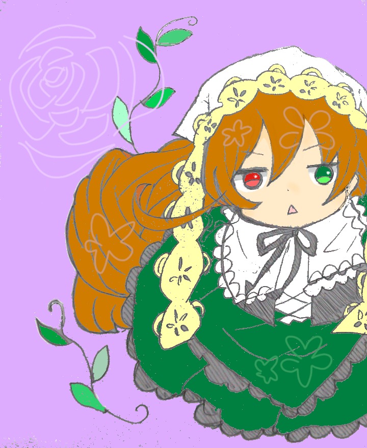 1girl dress flower frills green_eyes heterochromia image lolita_fashion long_hair looking_at_viewer orange_hair purple_background red_eyes ribbon solo suiseiseki very_long_hair