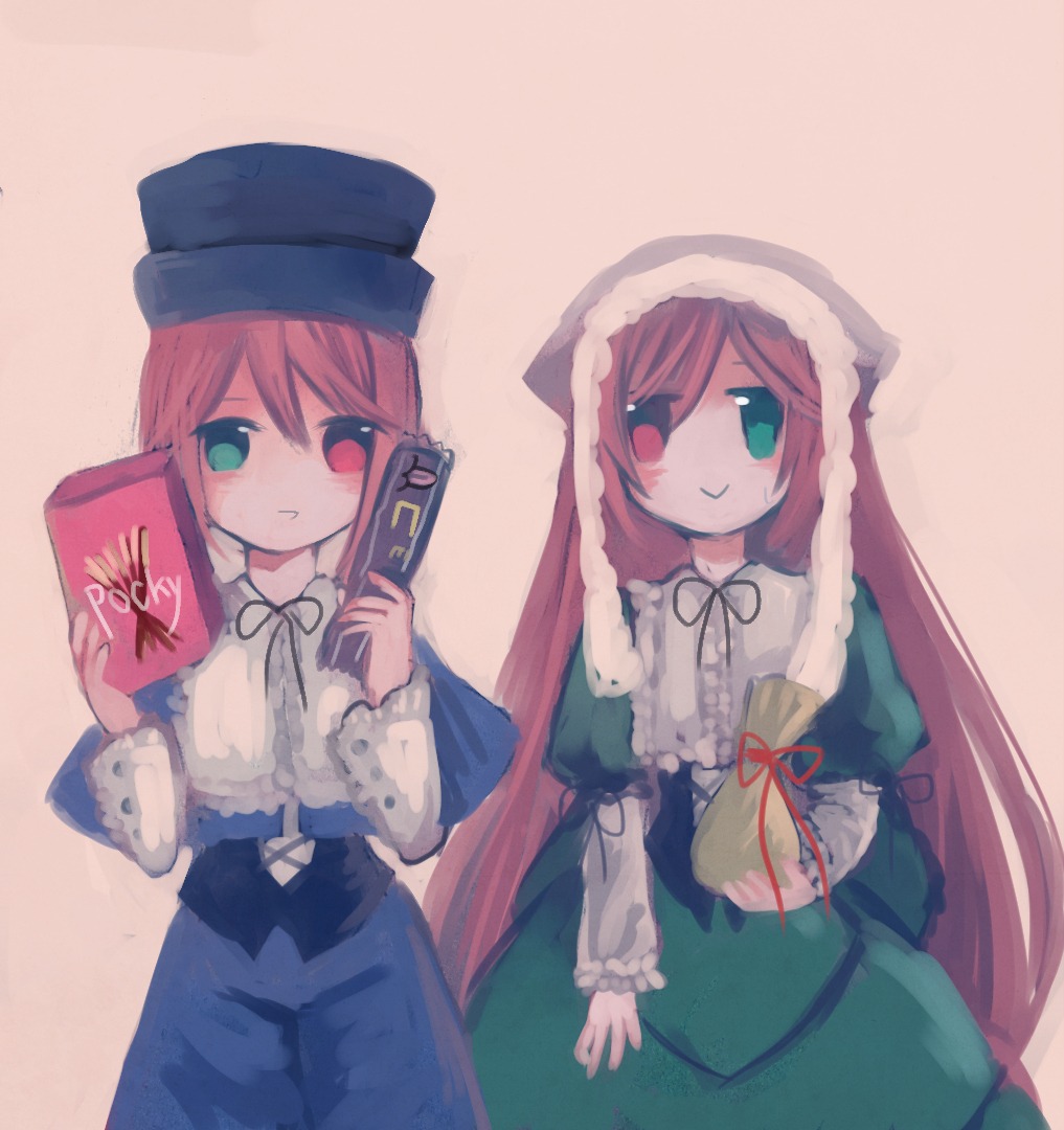 auto_tagged brown_hair dress green_dress green_eyes hat head_scarf heterochromia holding image long_hair long_sleeves looking_at_viewer pair red_eyes ribbon scissors siblings simple_background sisters smile souseiseki suiseiseki twins very_long_hair watering_can