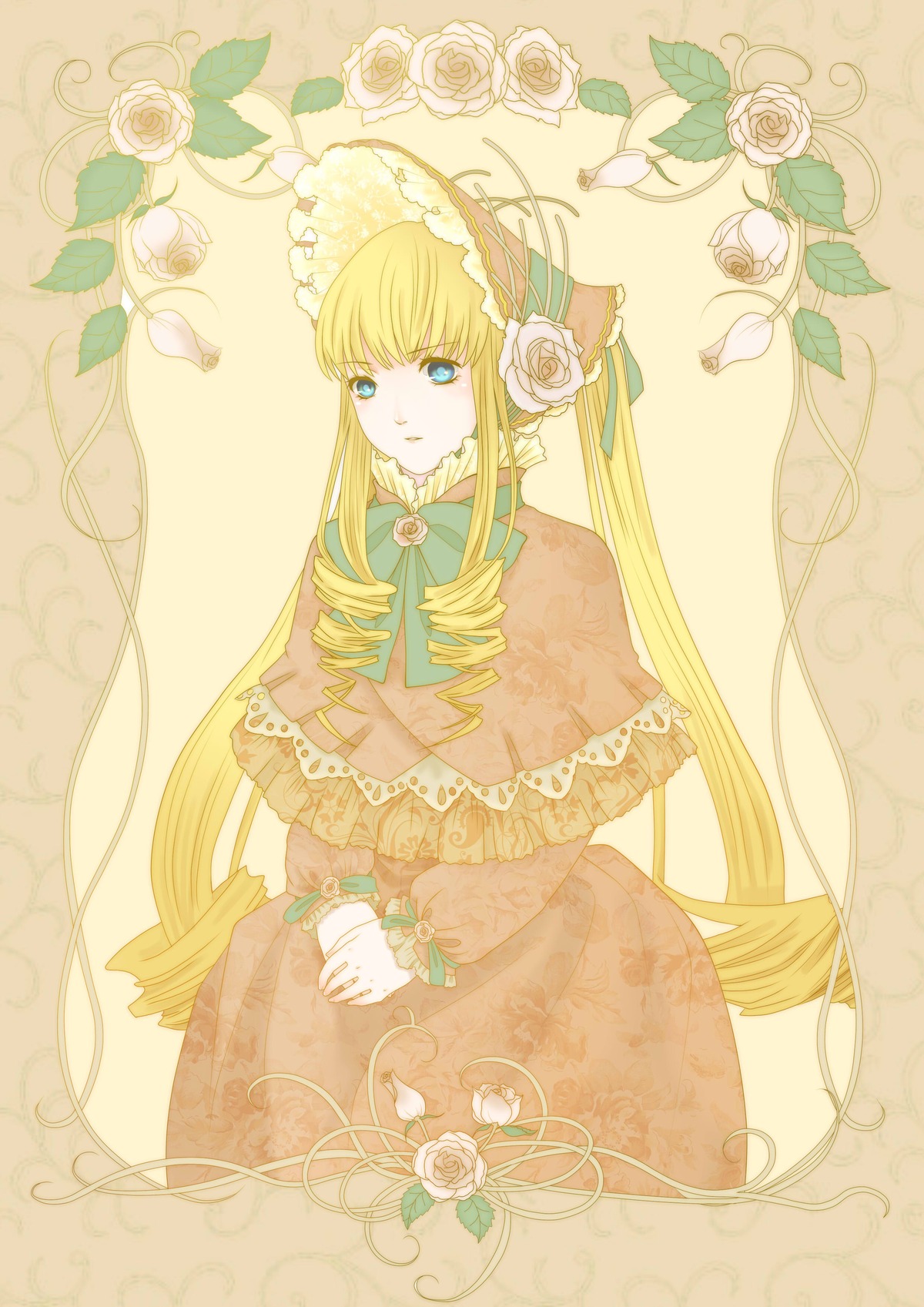 1girl blonde_hair blue_eyes bonnet bow dress drill_hair flower image long_hair looking_at_viewer pink_rose ringlets rose shinku solo twin_drills twintails very_long_hair white_flower white_rose yellow_background yellow_rose